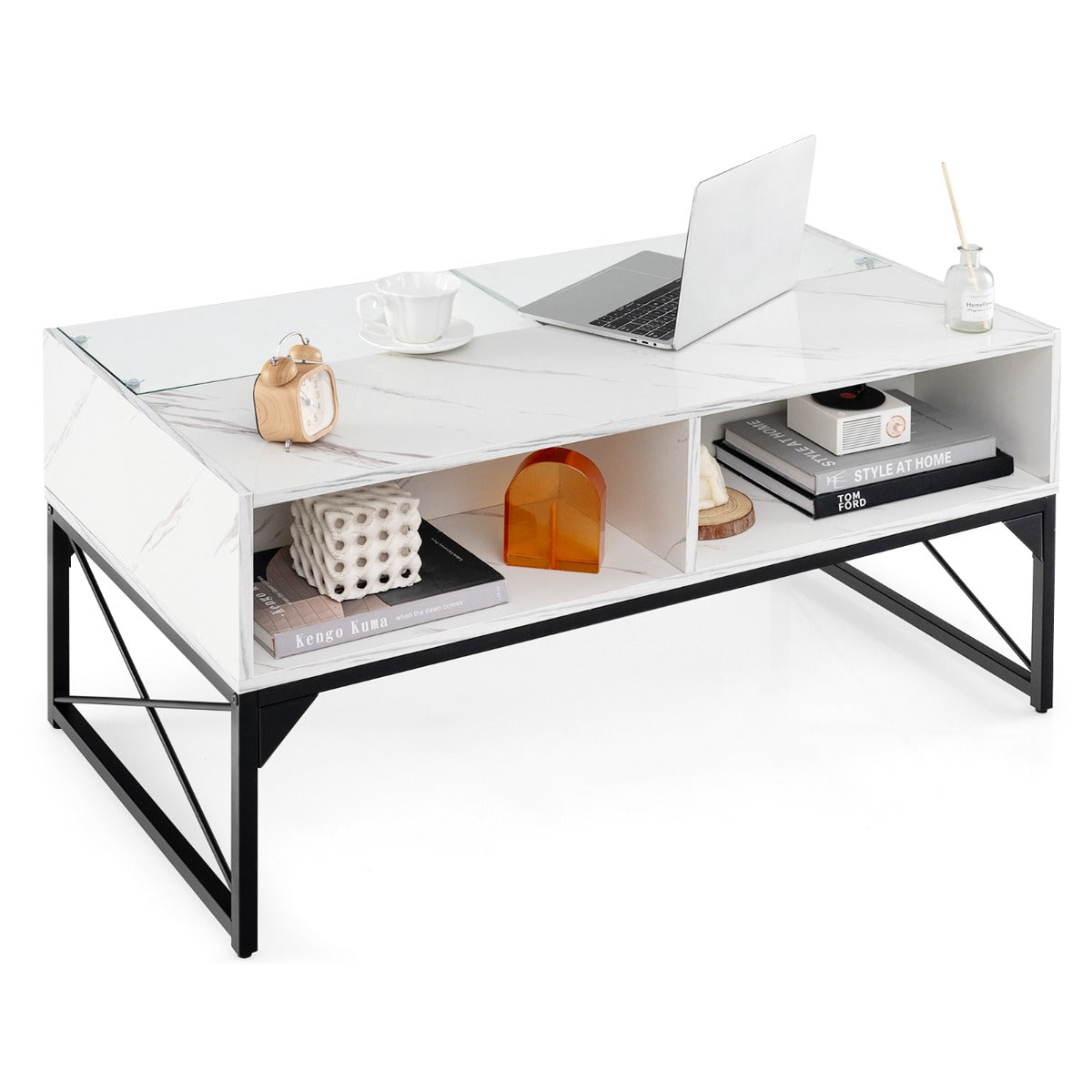 High-gloss LED Coffee Table with Faux Marble and Tempered Glass Top-Black