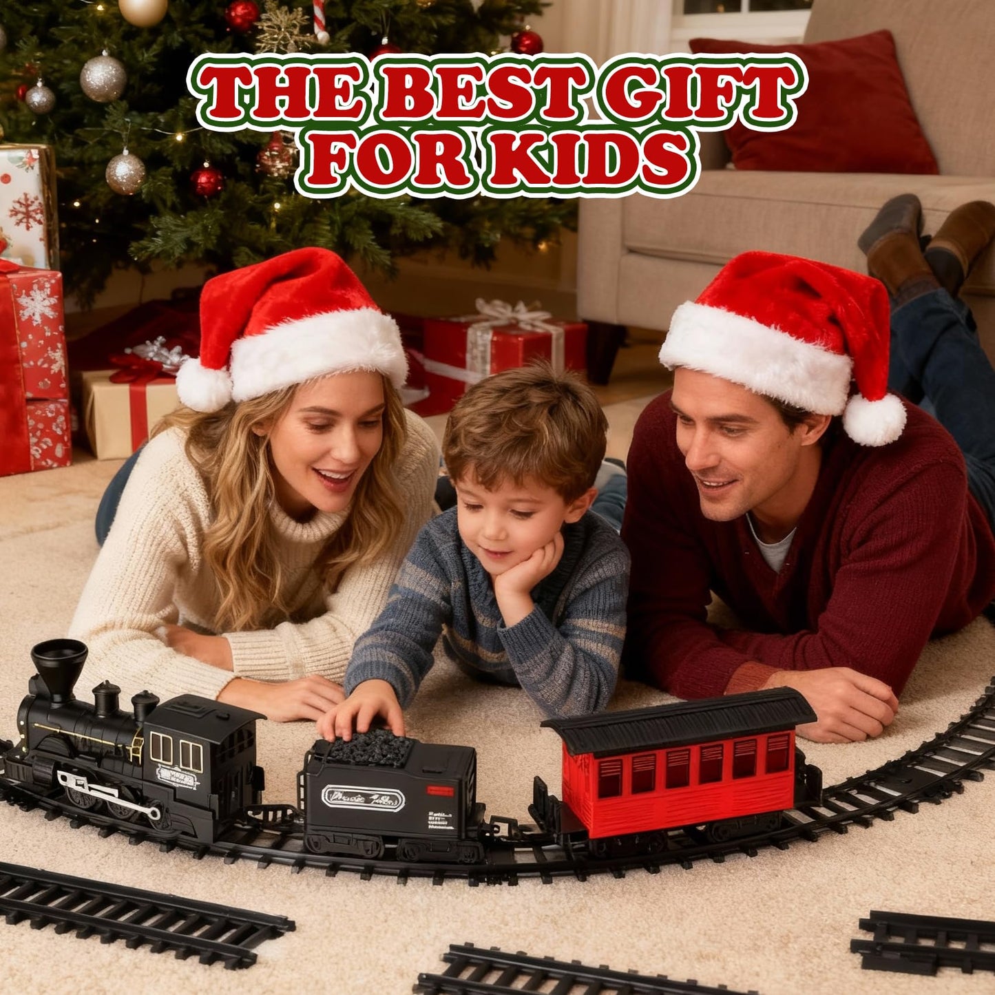 HIGHMALL 15-Piece Christmas Tree Train Set with Smoke, Sound & Lights – Kids Steam Train for Tree Display