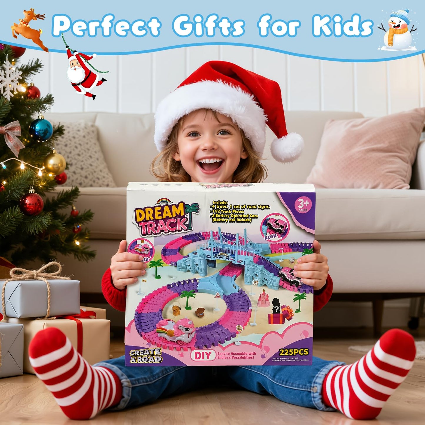 Hiketrax Frozen Race Track Toys for Girls 3-8 | 224-Piece Flexible DIY Track Set with Monster Trucks