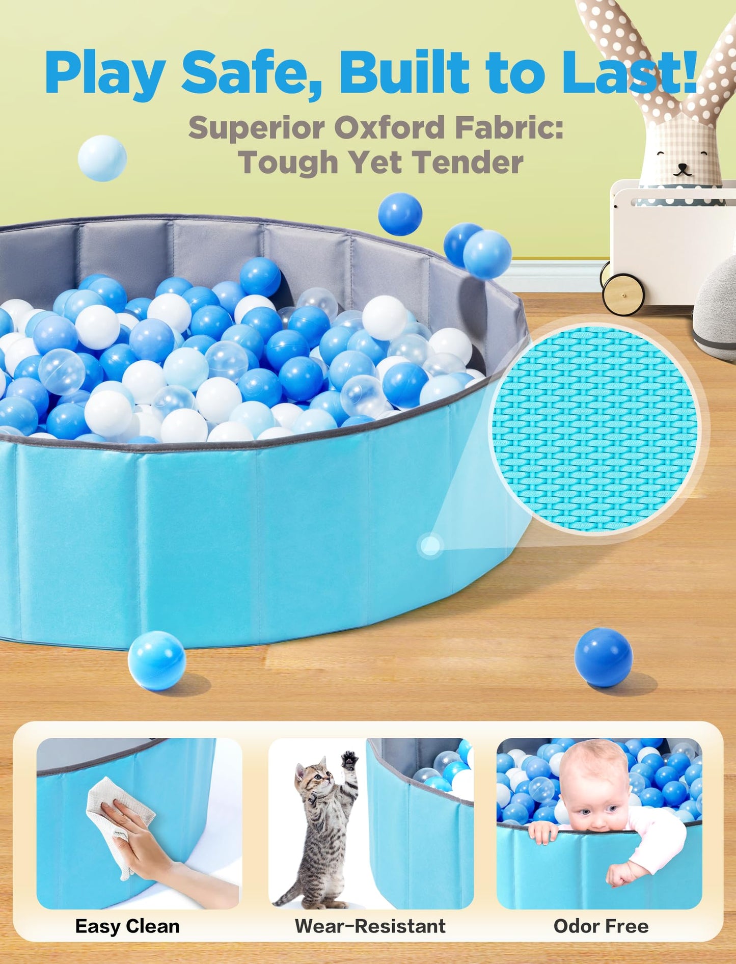 Hikiddy Large Ball Pit for Toddlers – 44” Foldable Ball Pool with Playmat, Holds 1000–1200 Balls