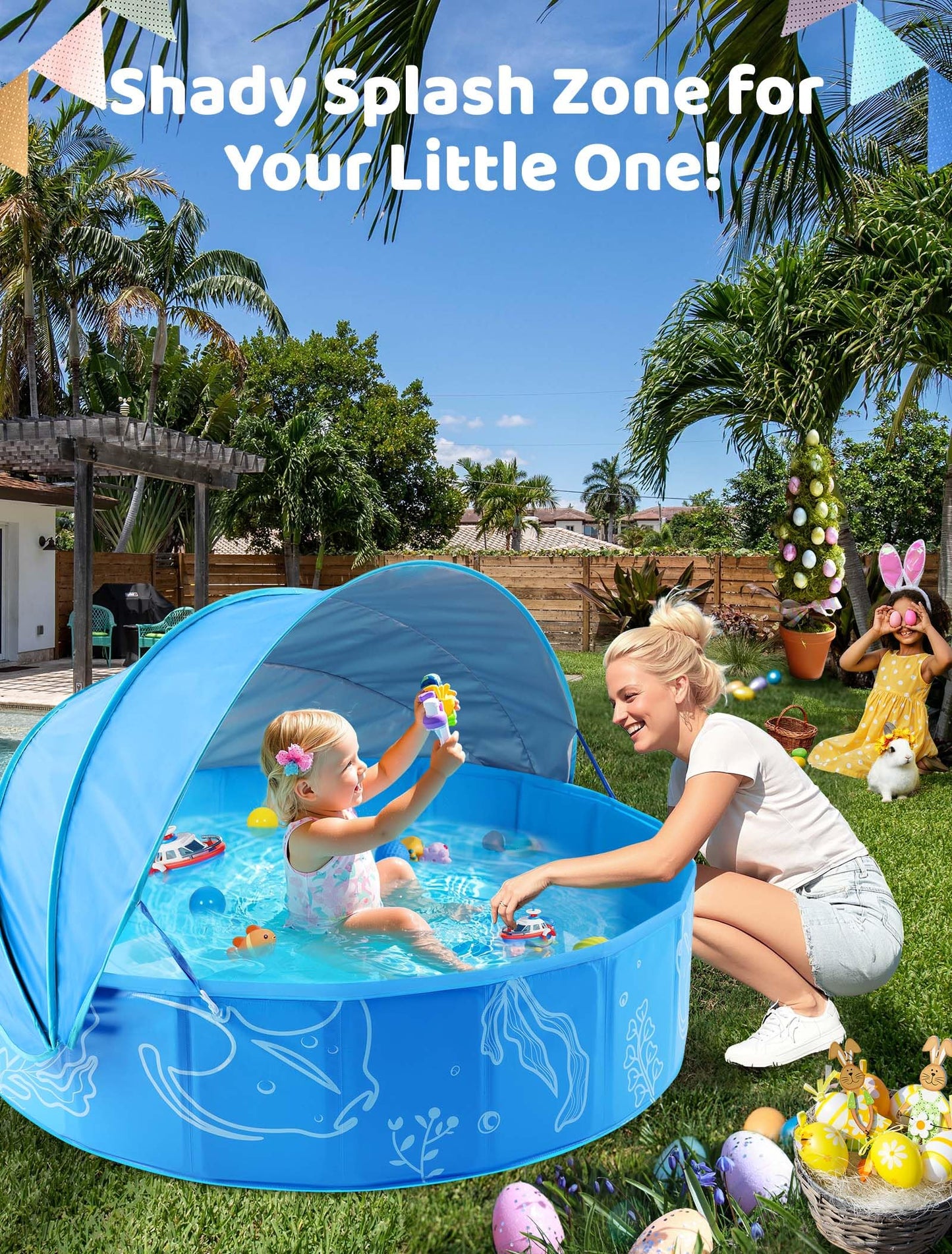 Hikiddy Foldable Kiddie Pool with Canopy — 47-Inch Portable Pool for Toddlers & Kids (Blue-Blue)