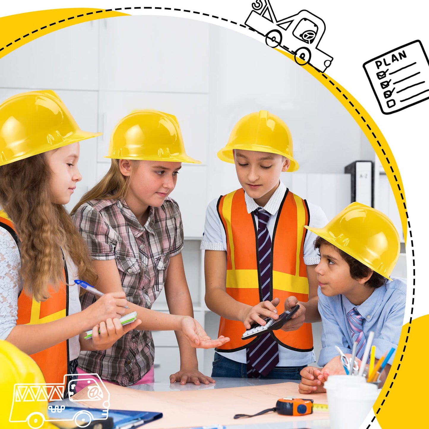 Hillban 48 Pcs Kids Construction Costume Set – Hats & Vests for Party & Role Play