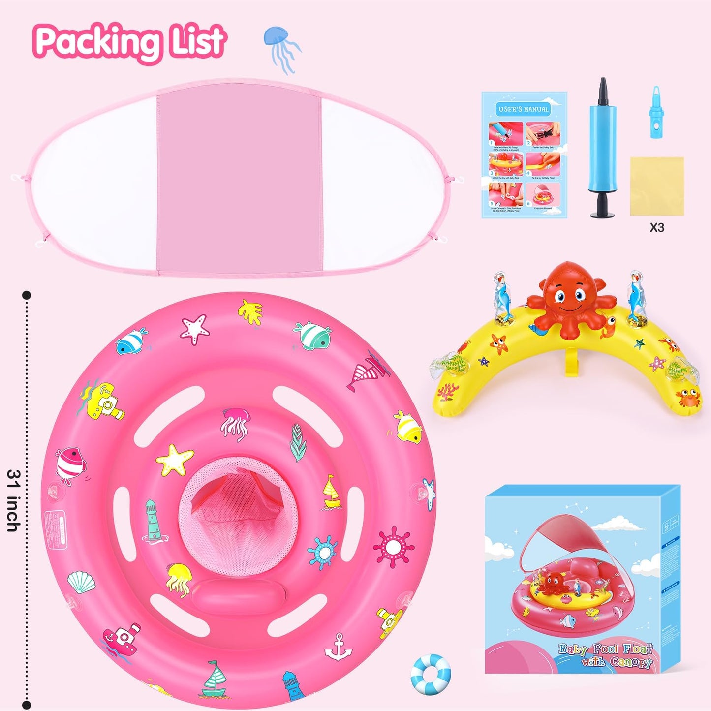 Hinzer Baby Pool Float with Canopy — UPF50+ Sun Protection, 6–36 Months
