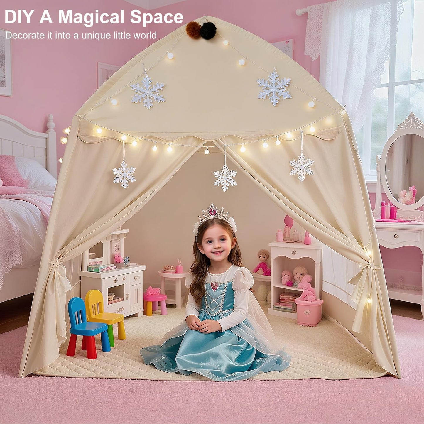 Hiromeco Large Kids Play Tent with Padded Mat & Lights – 59x39x59 in Teepee for Cozy Reading Nook