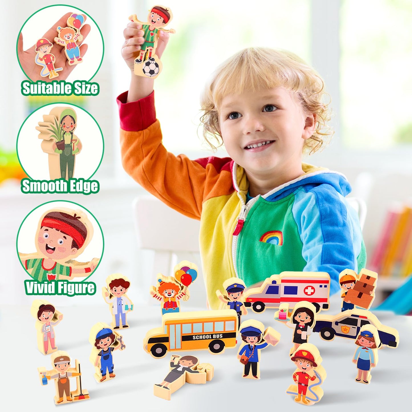 HIYZI 40 Pcs Wooden Community Helpers Figures – Multicultural Occupations Play Set for Kids
