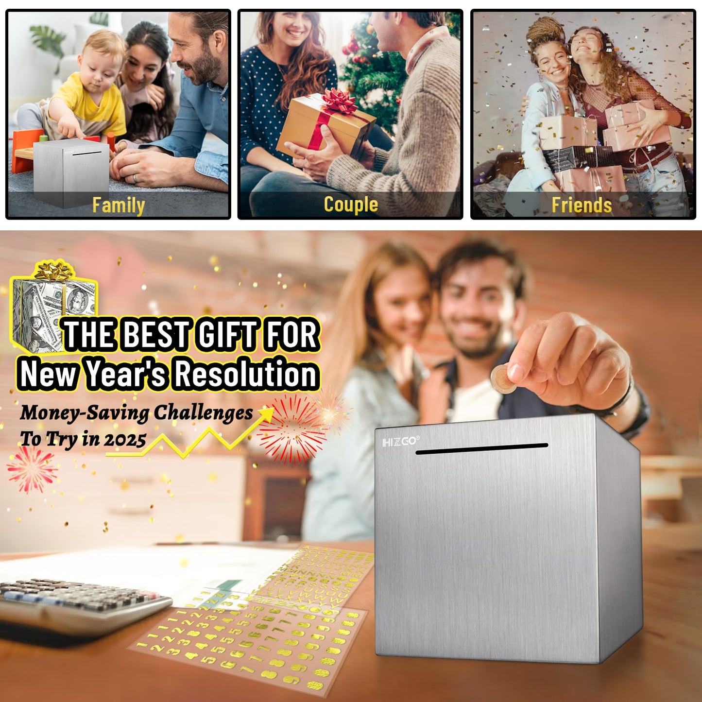 Hizgo Stainless Steel Piggy Bank for Adults — 5.9-Inch Break-to-Access Savings Box