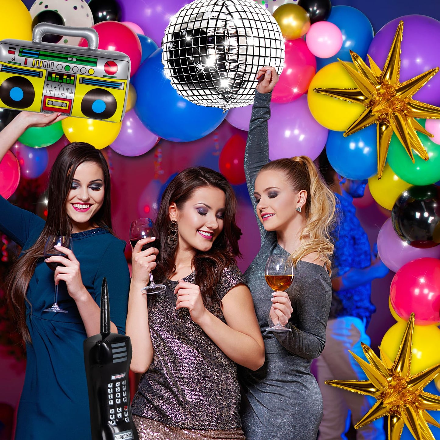 HJINGY 80s Party Decorations Kit – Inflatable Boombox, Mobile Phone & Back to the 80s Backdrop