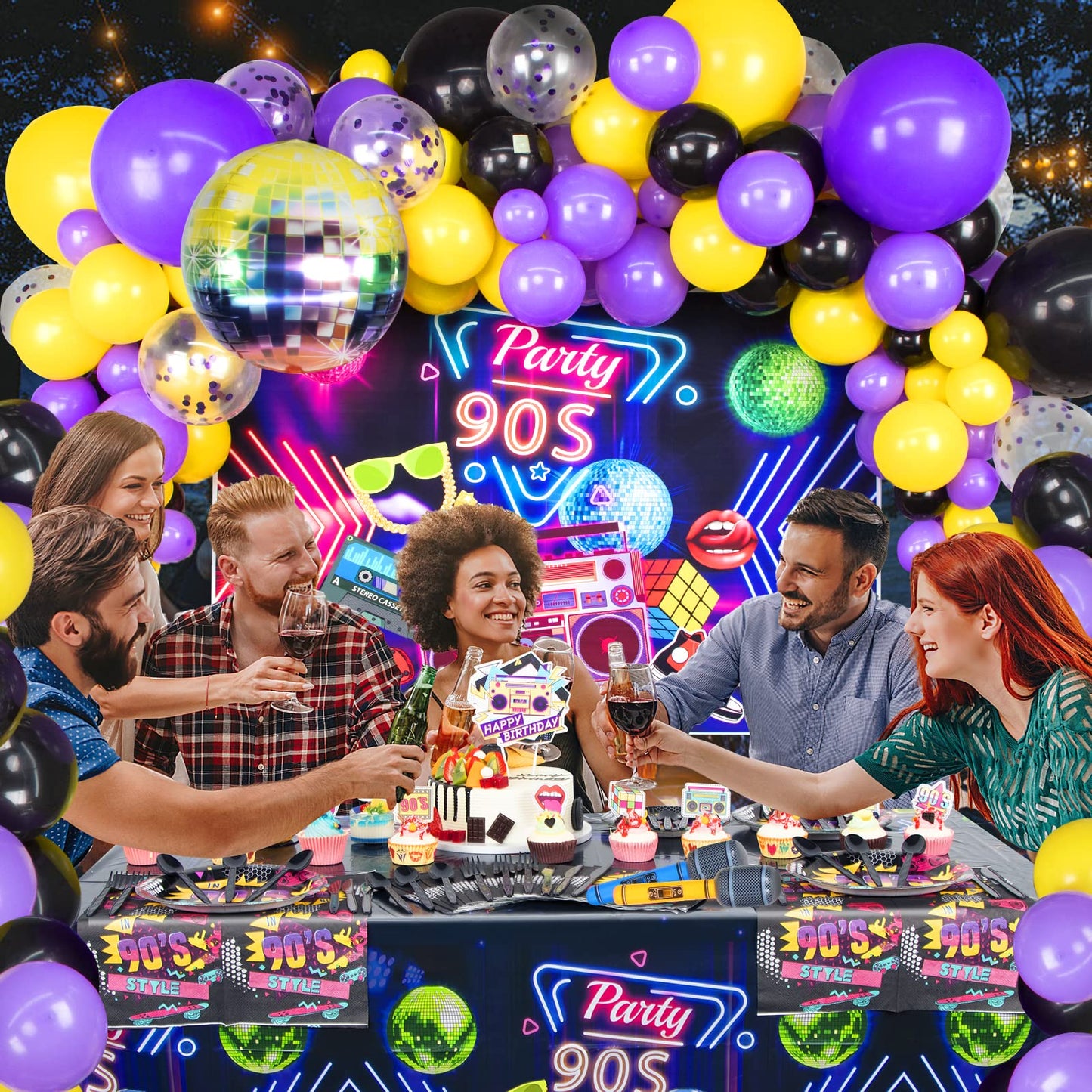 HJINGY 90s Party Decorations Bundle – Inflatable Microphone, Guitar, Backdrop, Banner & Tableware