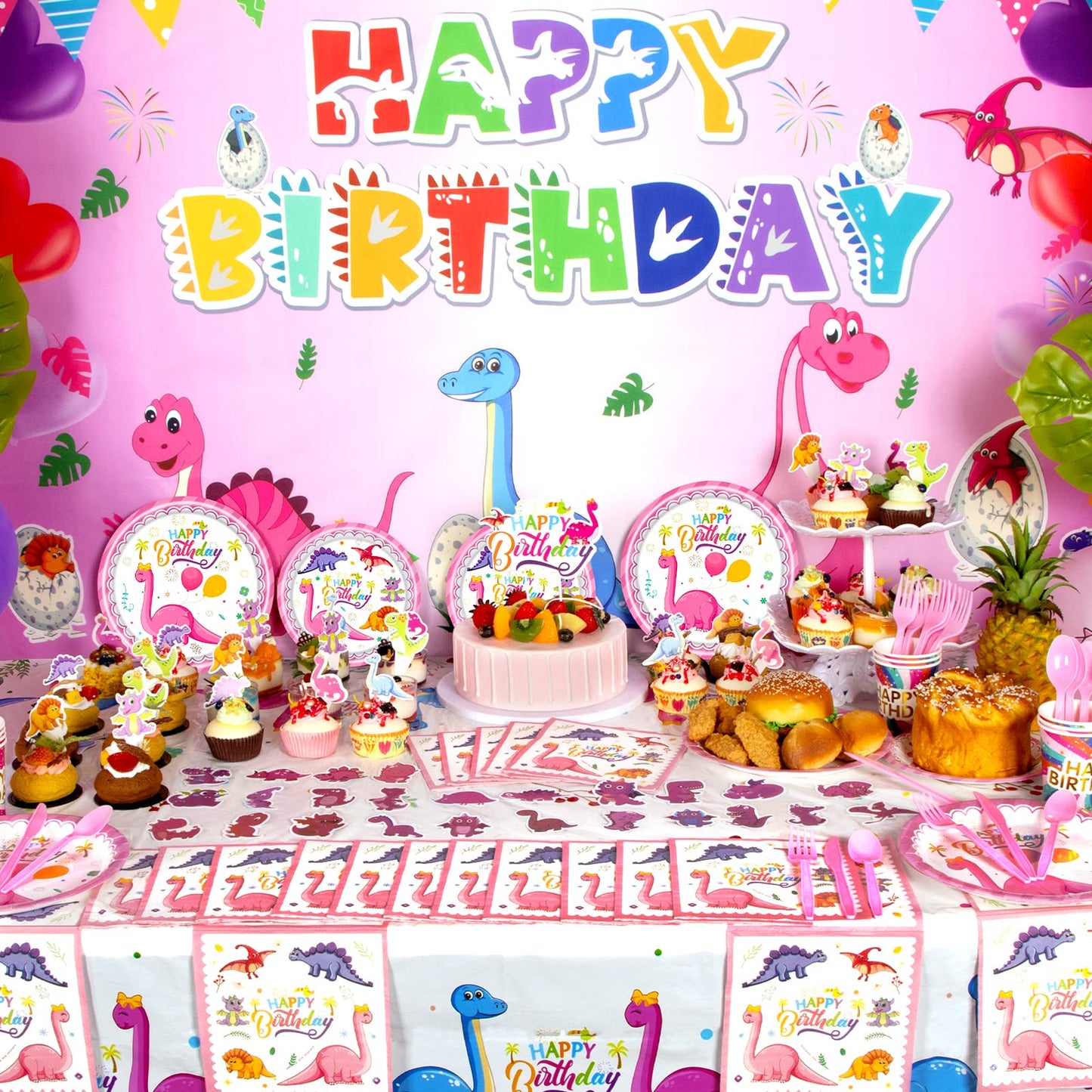 HJINGY 194-Piece Pink Dinosaur Party Decorations for Girls – Balloons, Backdrop & Tableware