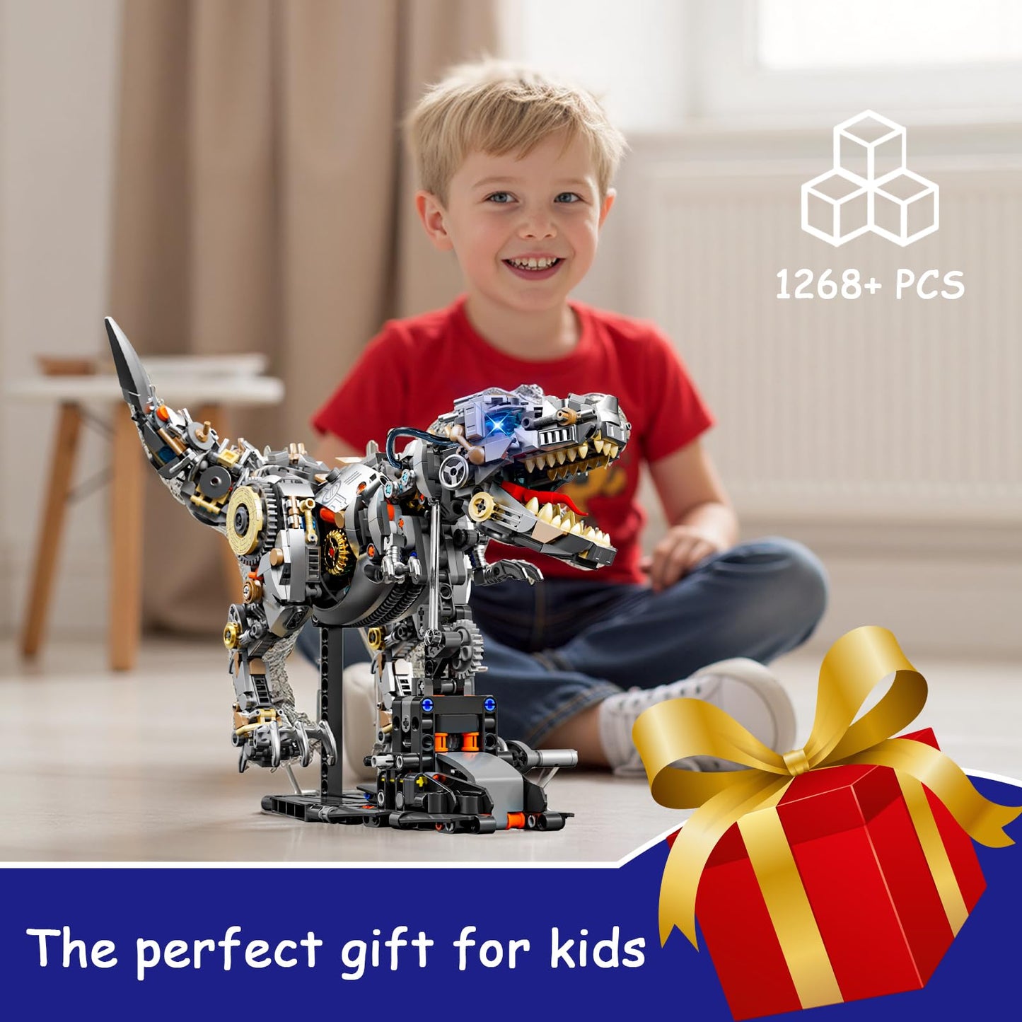HJPLPXH Mechanical Tyrannosaurus Building Blocks Set — LED Light, Display Stand, 1268 Pieces