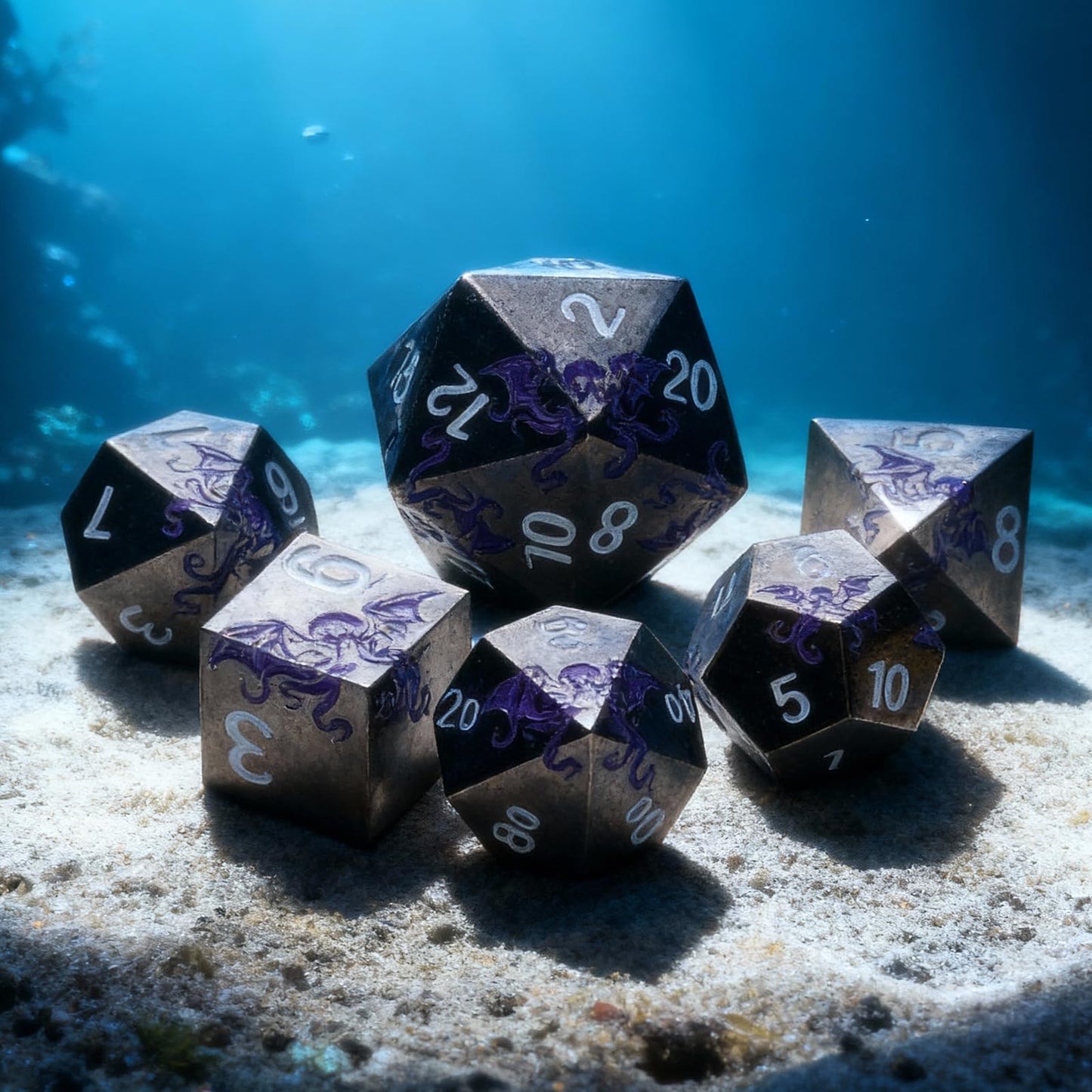 HNCCESG Cthulhu-Inspired Octopus Metal RPG Dice Set, 7-Piece, Shadow Purple on Black