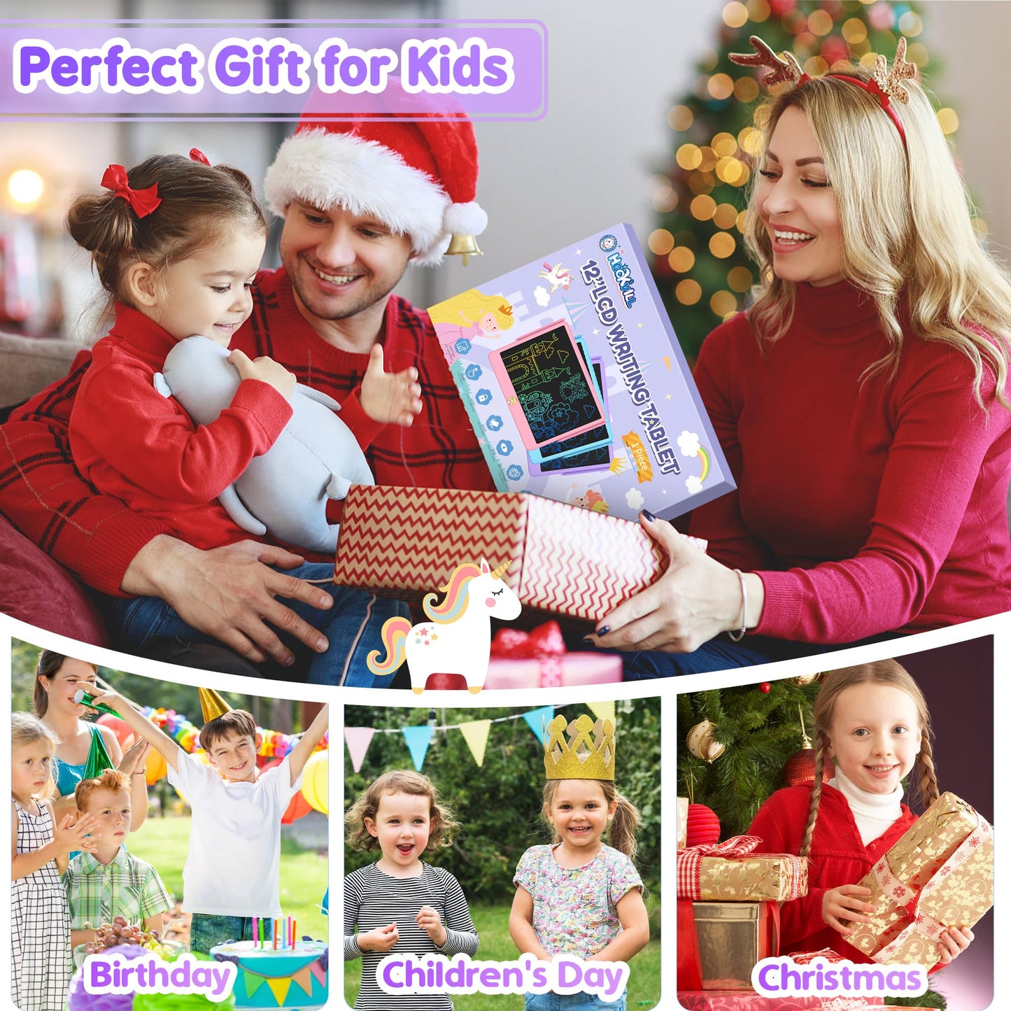 Hockvill 12-Inch LCD Writing Tablet for Kids | Unicorn Doodle Board – Travel-Friendly Gift