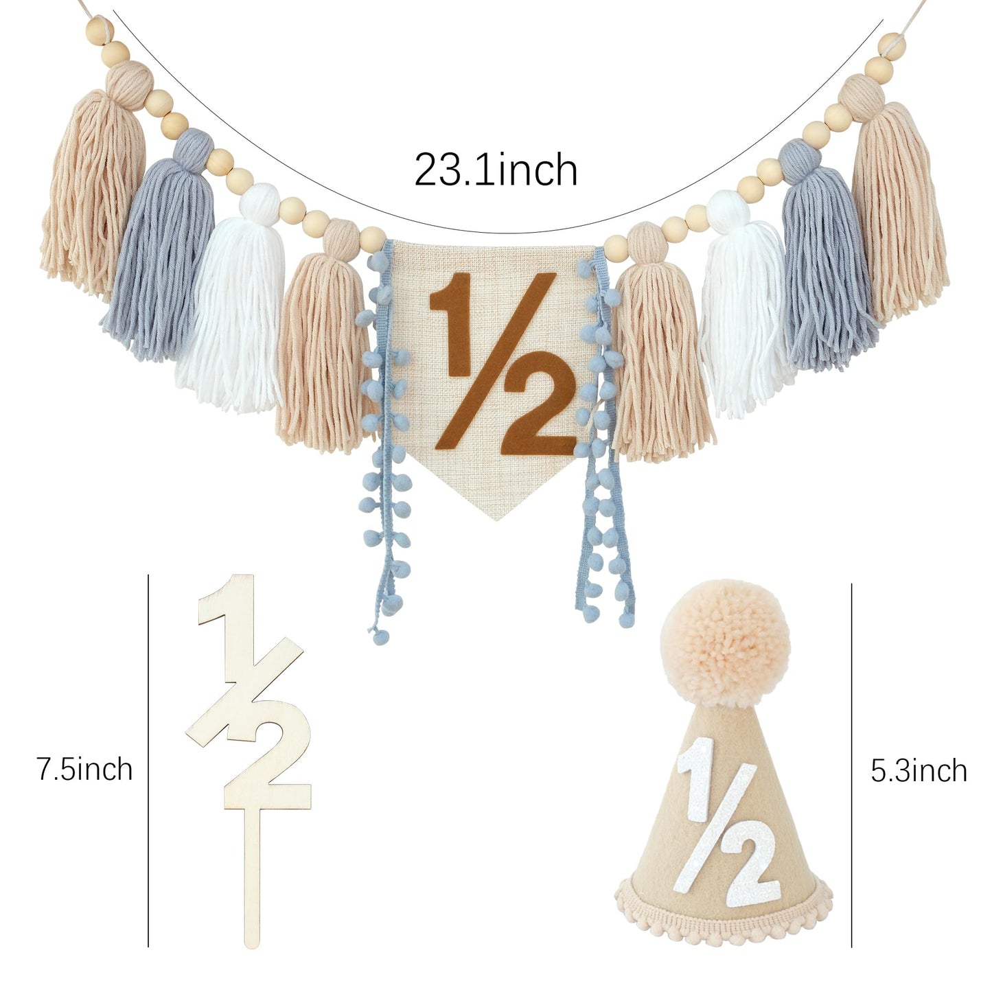 HODIHIWI 1/2 Birthday Decorations for Baby Boys | Khaki Cone Hat & Cake Topper
