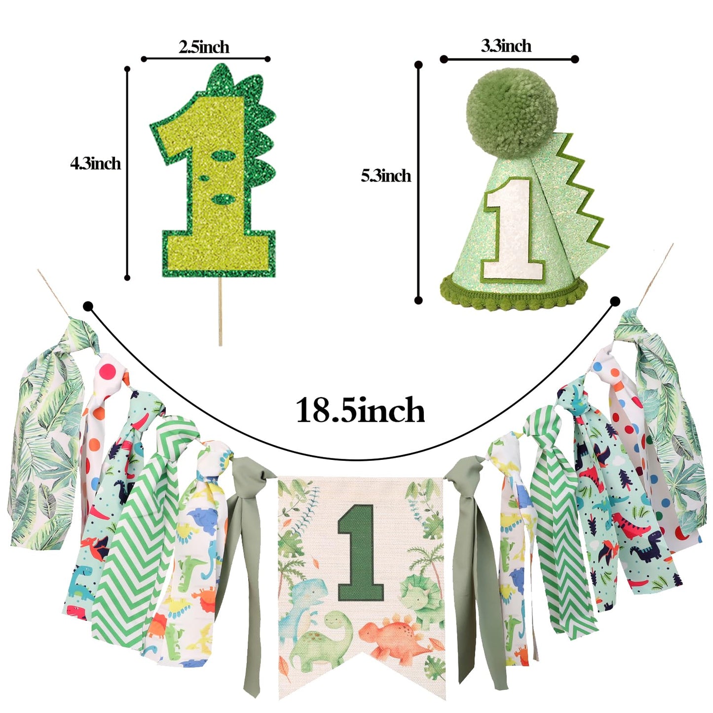 HODIHIWI Dinosaur Theme 1st Highchair Banner — Green Tassel Garland, Hat & Cake Topper