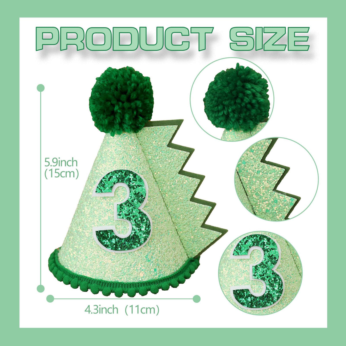 HODIHIWI Dinosaur 3rd Birthday Hat – Green Dino Theme Party Decoration & Favors