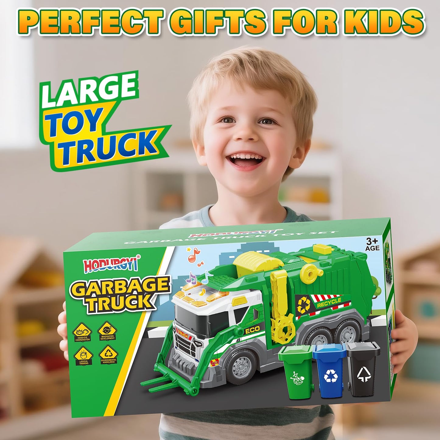 Hodurgyi Large Friction-Powered Garbage Truck Toy Set — Sorting, Sound & Lights for Ages 3–8