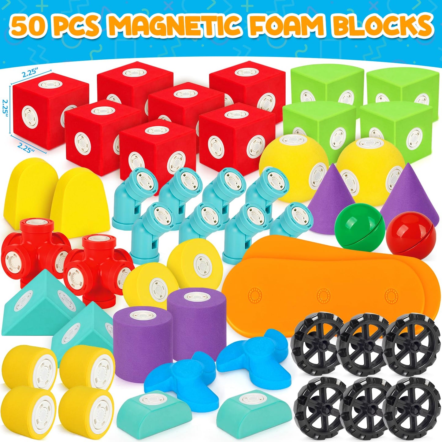 Hodurgyi 50-Piece Magnetic Foam Blocks for Kids | Large STEM Building Toys for Toddlers 3+