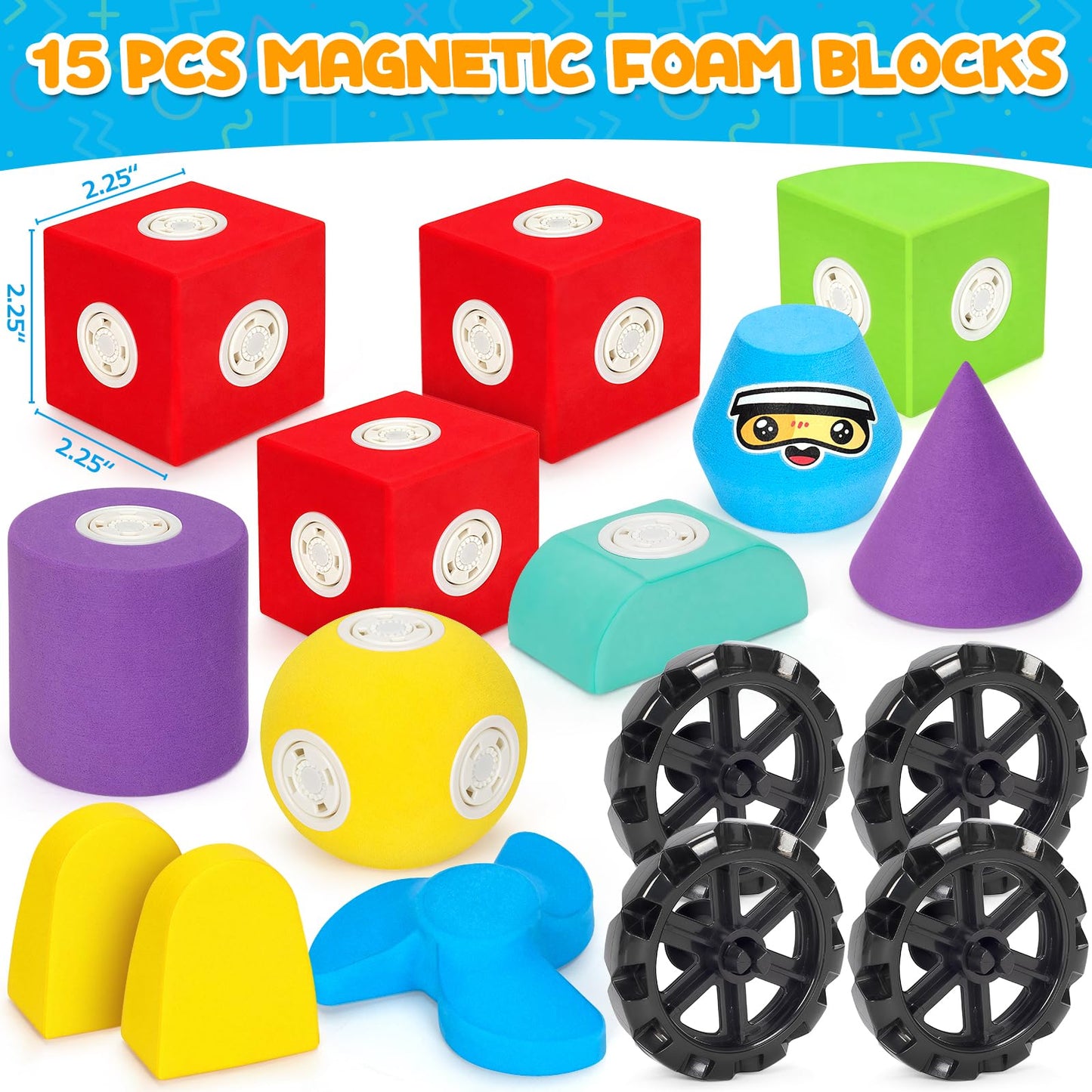 Hodurgyi 15-Piece Magnetic Foam Blocks – STEM Building Toys for Kids Aged 3-8