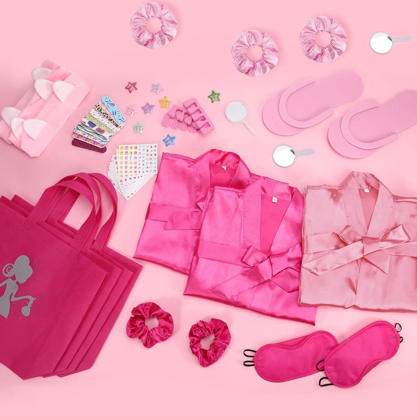 Hoemwarm Pink Spa Party Kit for Girls – 122-Piece Set with Satin Robes, Tote Bags & Nail Accessories