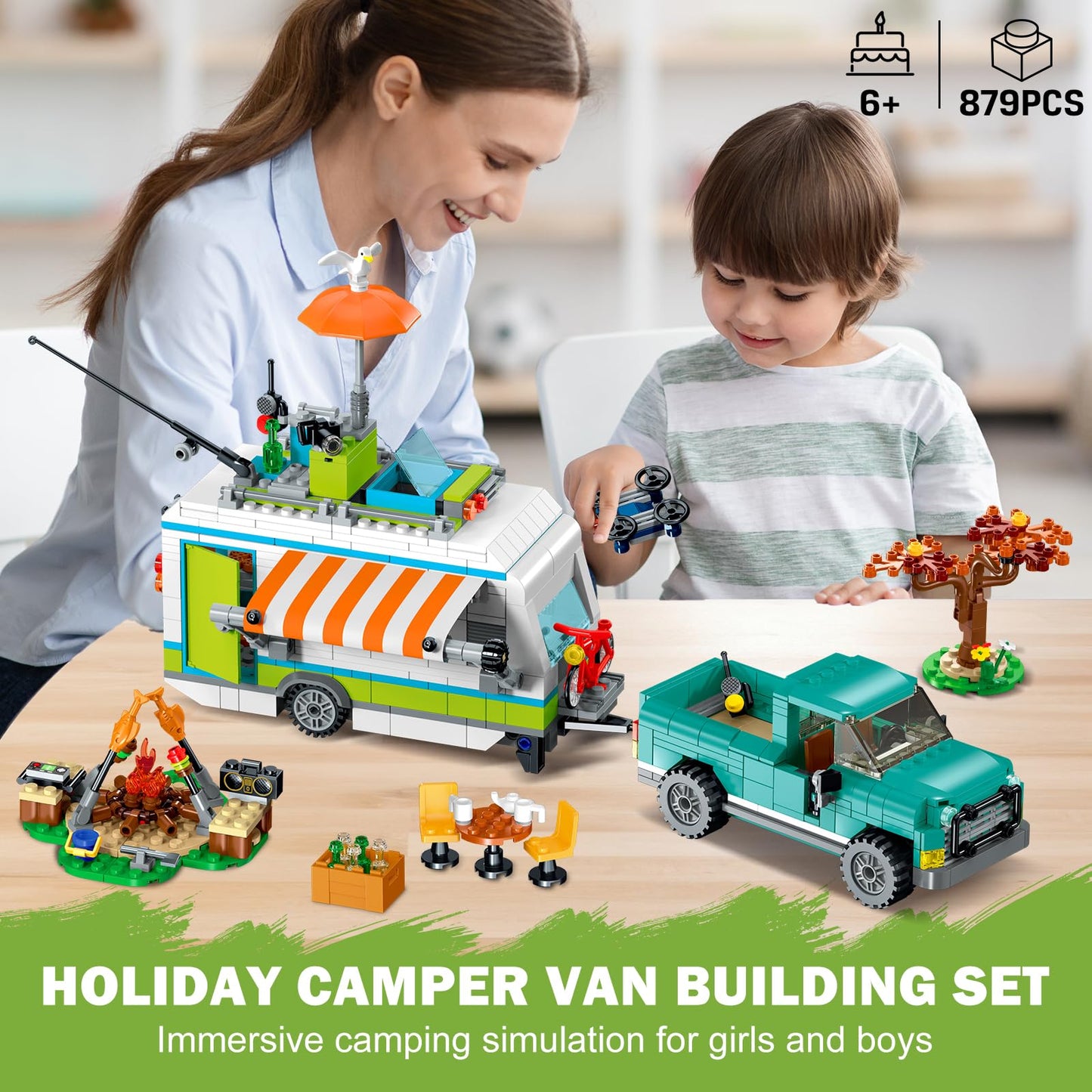 HOGOKIDS City Camper Van Building Set with LED Light - 3-in-1 RV Toy (879 PCS) for Kids 6-12