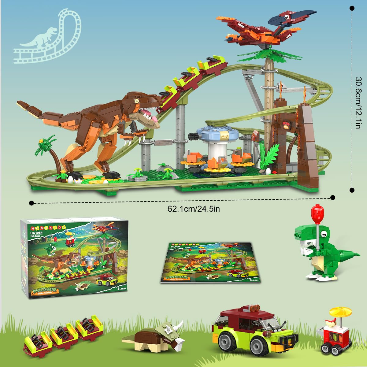 HOGOKIDS Dinosaur Roller Coaster Set – 1222-Pieces with Dinosaurs & Vehicle (Ages 8-12)