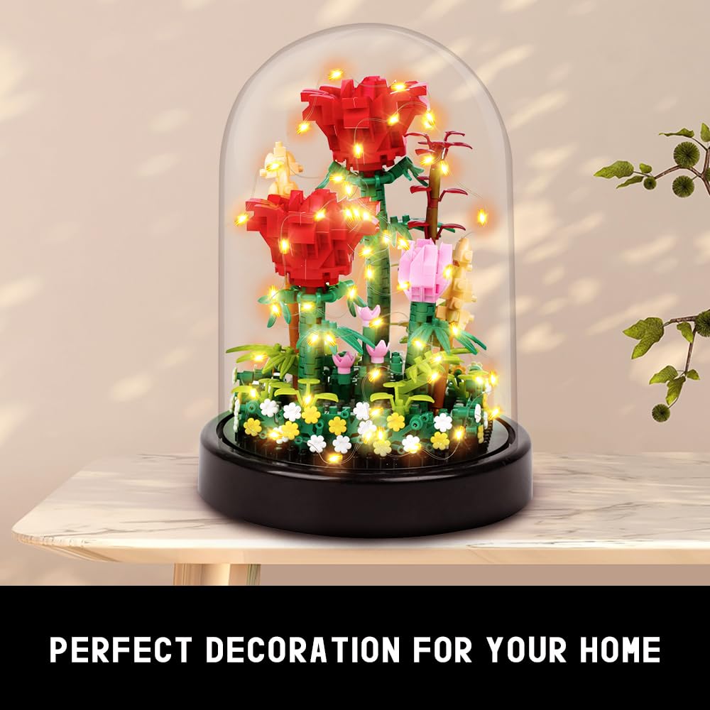 HOGOKIDS Flower Bouquet Building Kit with LED Lighting – 596 Pcs Rose Sets with Cover
