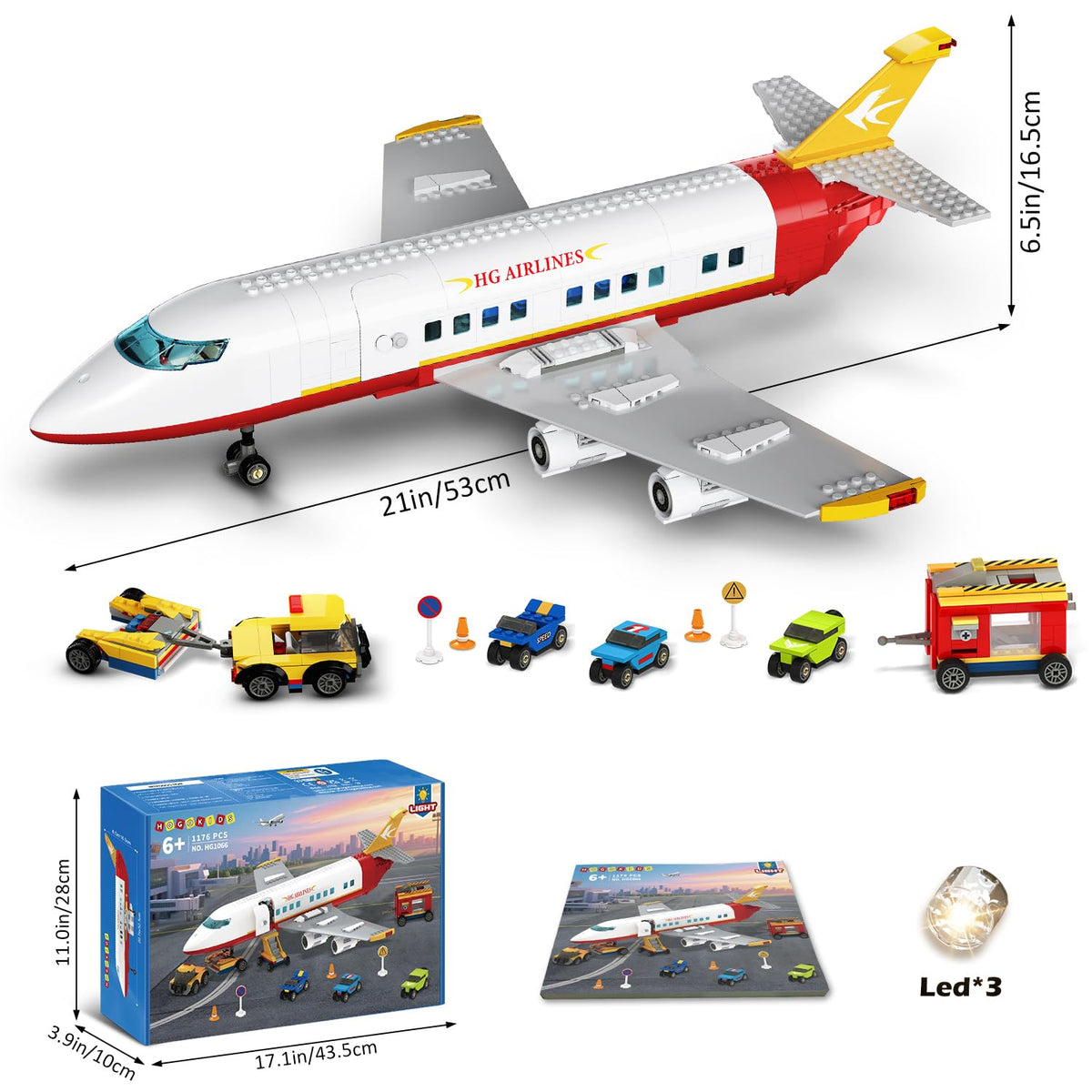HOGOKIDS 2-Style City Airplane Building Set with LED Light — Plane Building Blocks with 3 Cars (Ages 6-12+)
