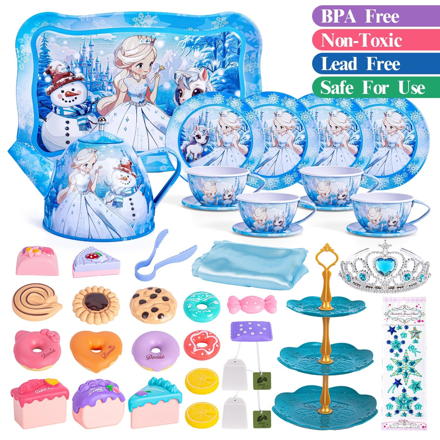 Hohosunlar Tea Party Set for Girls – Princess Tin Tea Set with Teapot, Cups, Desserts & Carrying Case | Gift for Ages 3–8