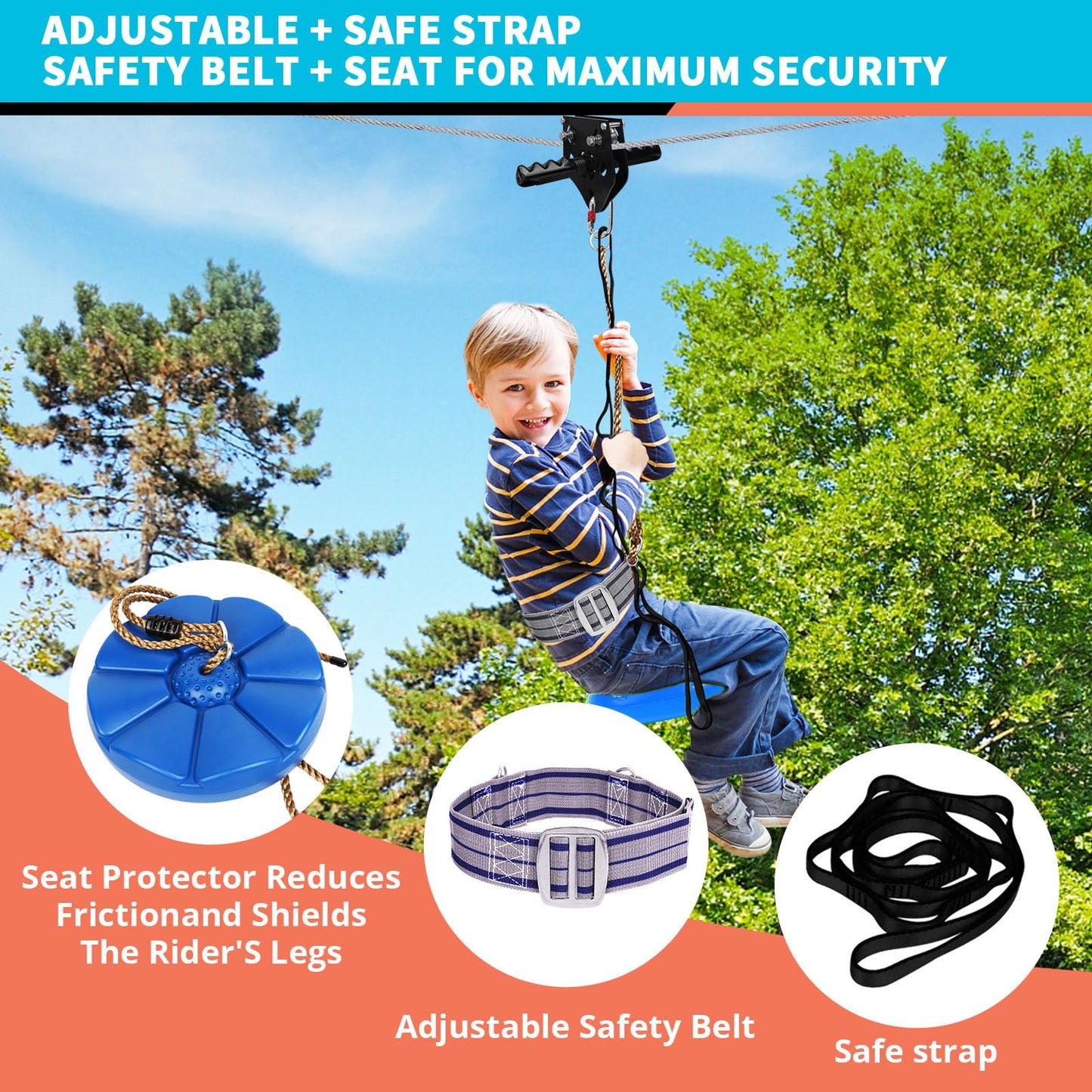 HOKINETY Zip Line Kit for Kids & Adults — 100–200 ft, Up to 380 lbs, Quick Tighten, Rust-Proof Trolley
