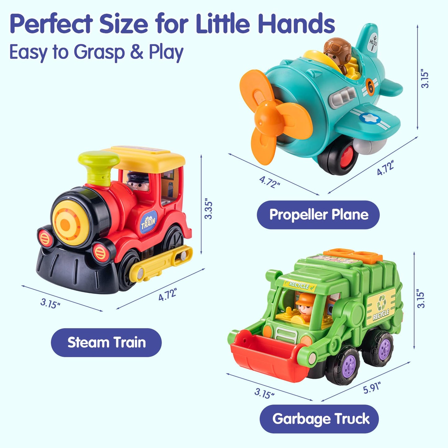 HOLA HuiLe Toys – 3-Piece Friction-Powered Trucks & Propeller Plane for Toddlers 1–3