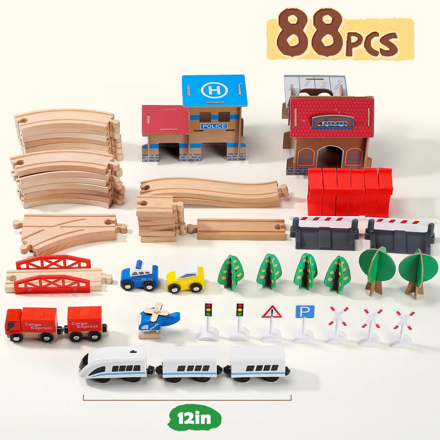 HOLYFUN Electric Toddler Wooden Train Set – 88-Piece Magnetic Track & Bridge