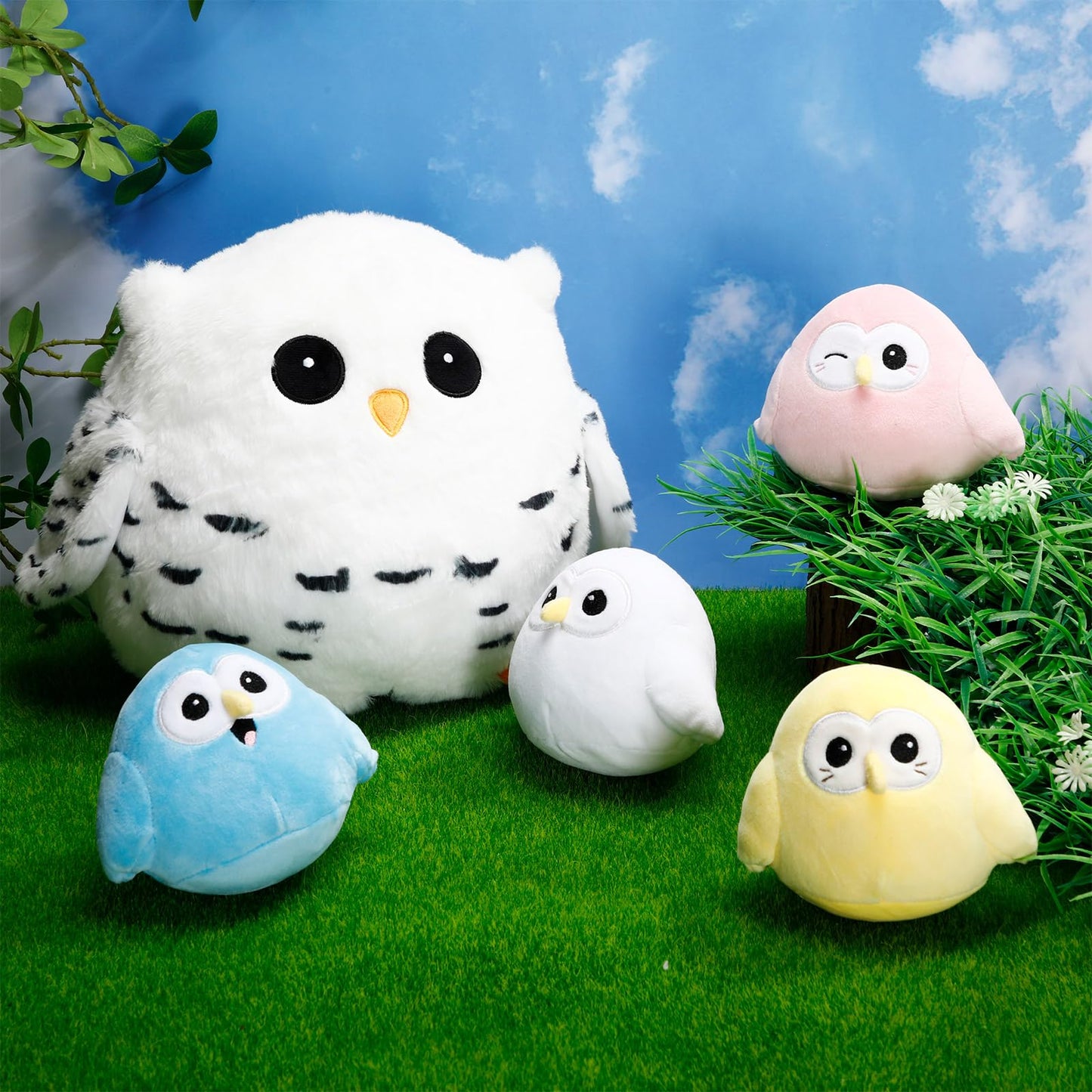 Hollowfly 5 Pcs Easter Owls Plush Toy Set – 9.5-inch Mommy Owl with 4 Pastel Babies