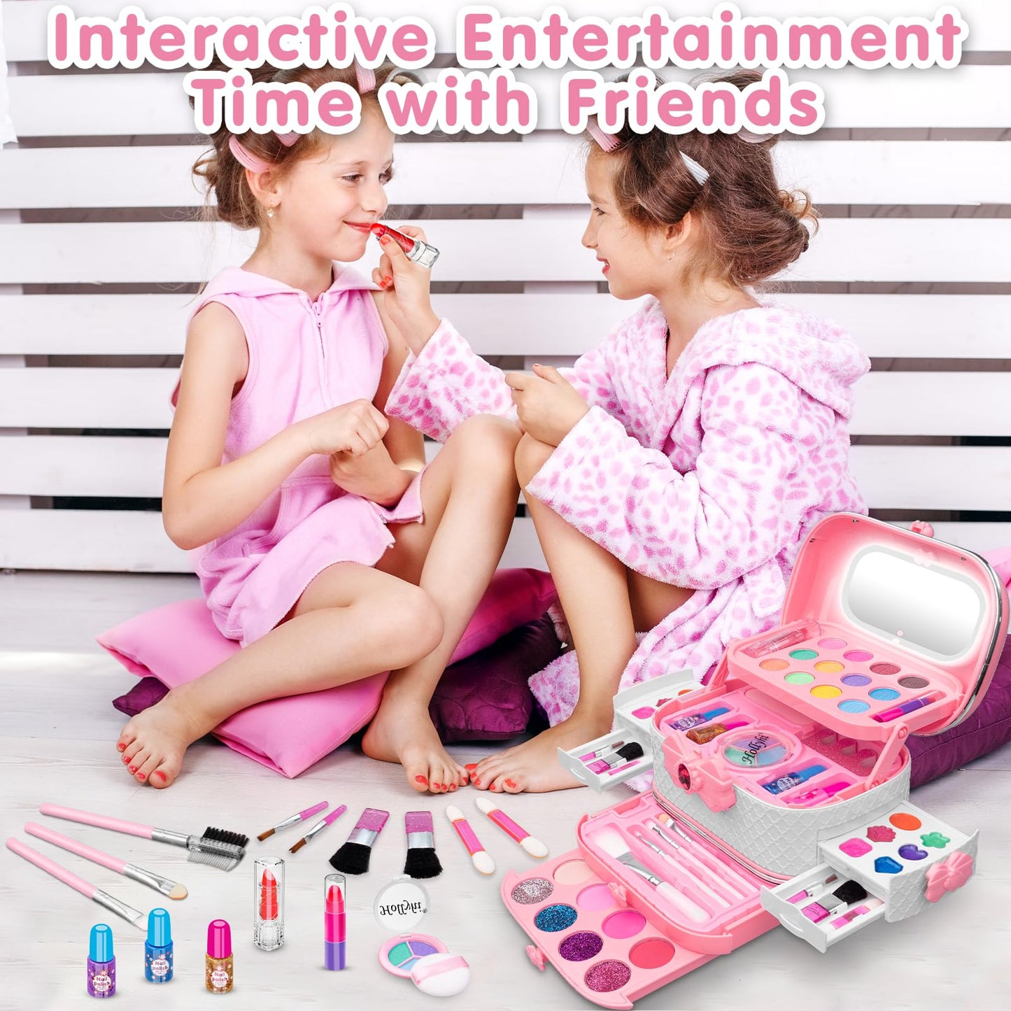 Hollyhi 58Pcs Kids Makeup Kit with Light Up Mirror – Safe, Washable Toy Set for Girls (Pink)
