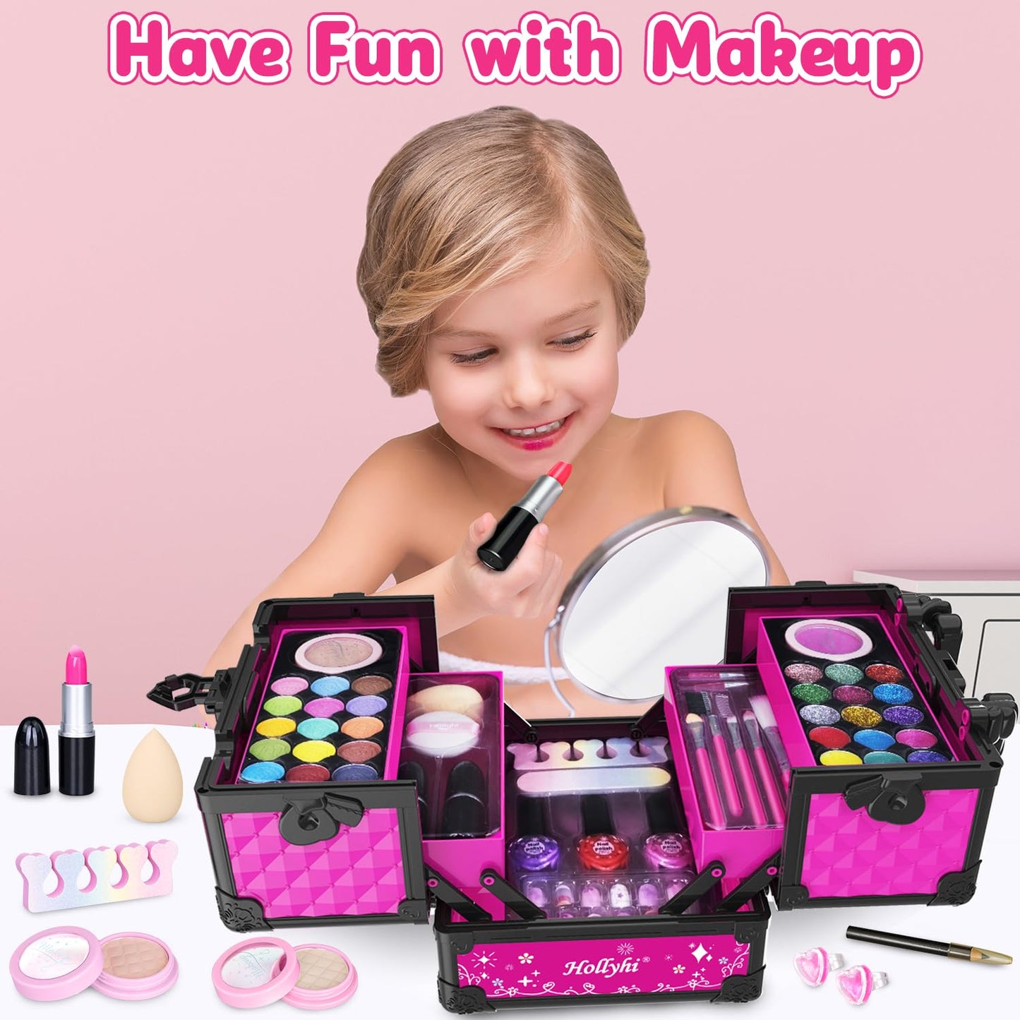 Hollyhi 59 Pcs Kids Makeup Kit – Washable Dress-Up Set for Girls 3–12 with Cosmetic Case