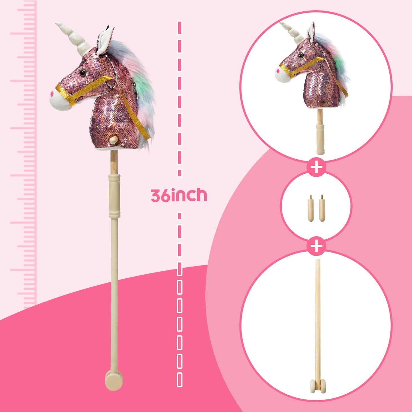 HollyHOME Sequin Unicorn Stick Horse — Handcrafted Hobby Horse with Wood Wheels and Real Pony Sounds | Pink 36 Inches