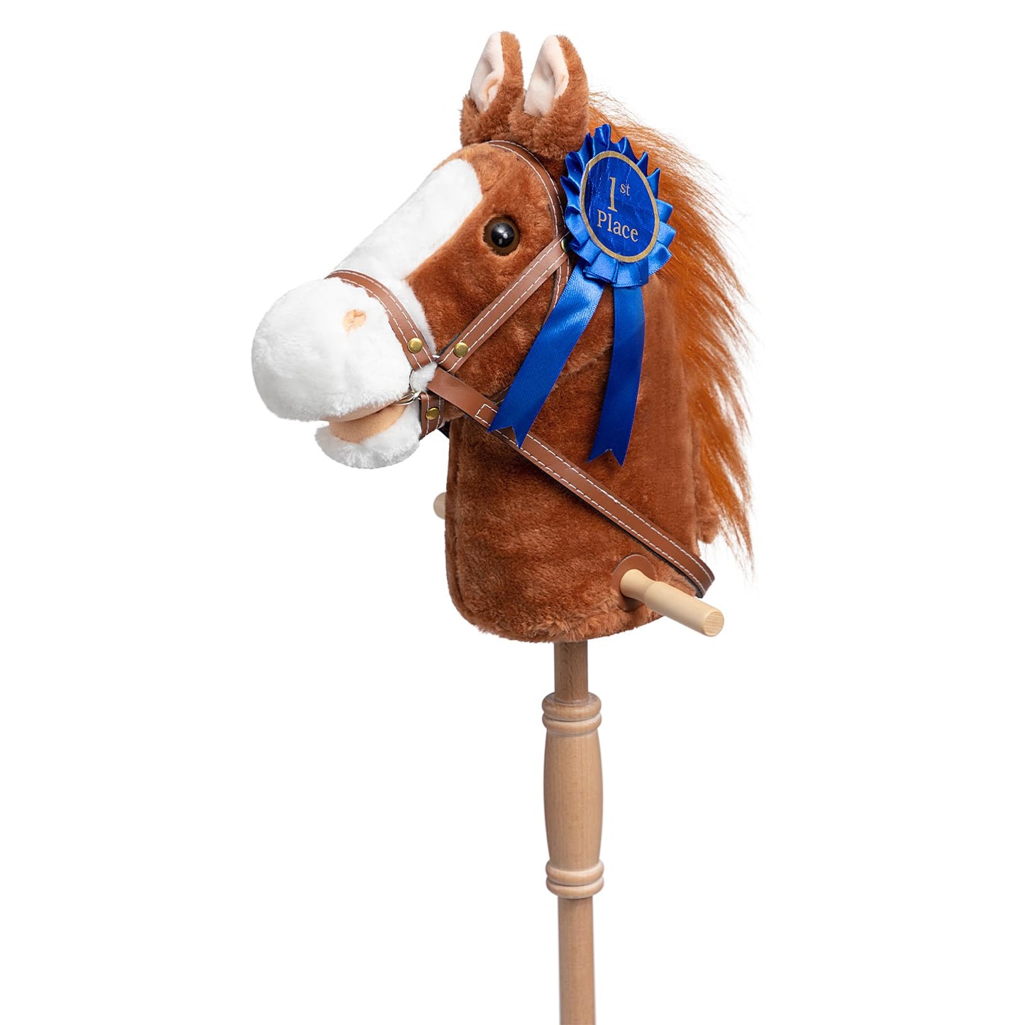 HollyHOME Stick Horse Plush with Detachable Blue Ribbon – 36-Inch Wooden-Wheeled Hobby Horse with Realistic Neighing Sounds