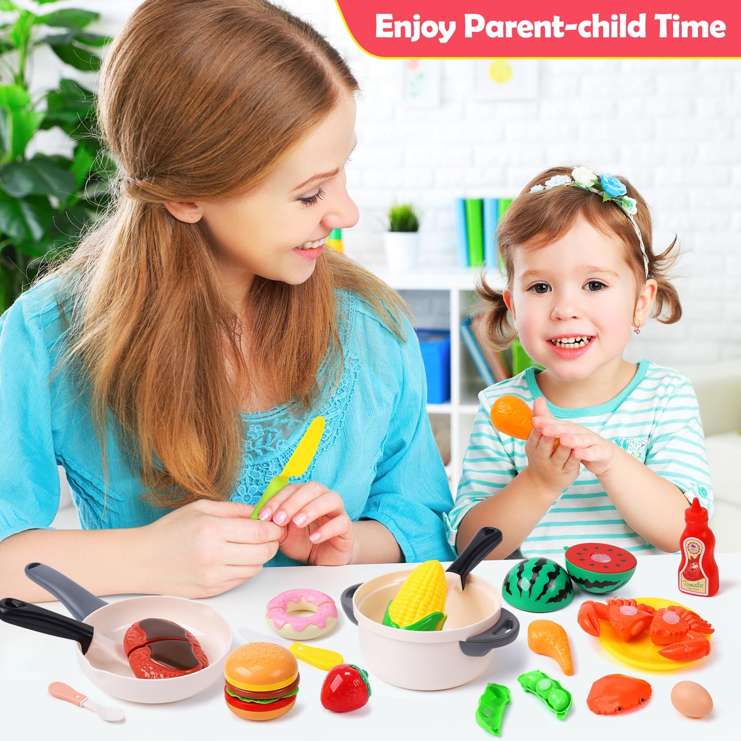 HOLYFUN Play Food Toy Set for Kids Kitchen - Cutting Fruit & Vegetables, Pretend Play, Storage Basket