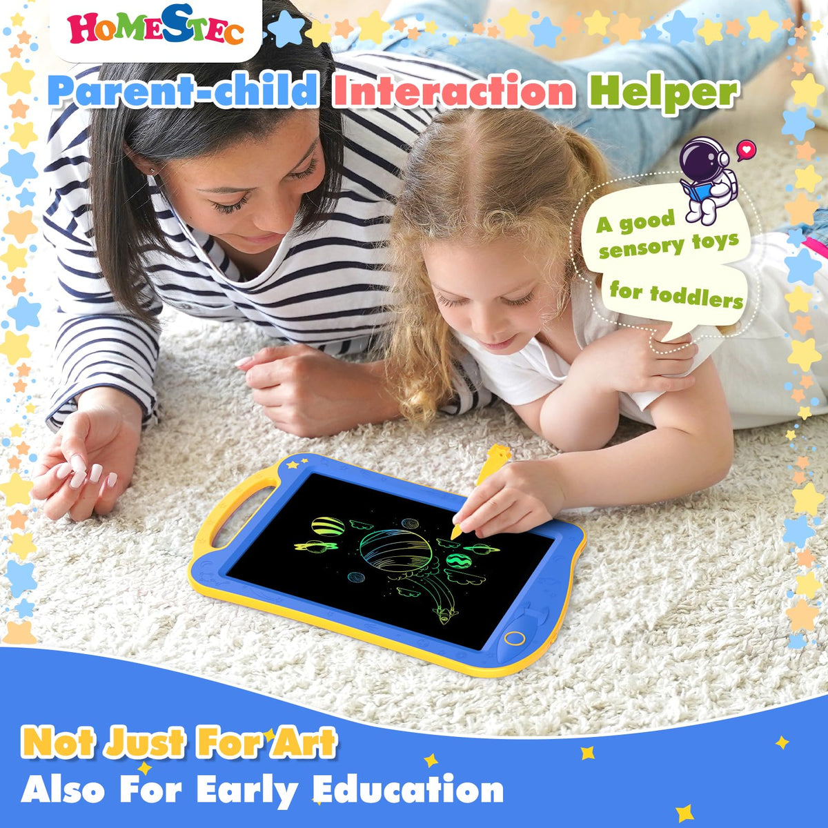HOMESTEC Astrodraw Drawing Pad for Kids – Colorful LCD Doodle Board, 3-7 Years, Travel Toy (Blue/Yellow)