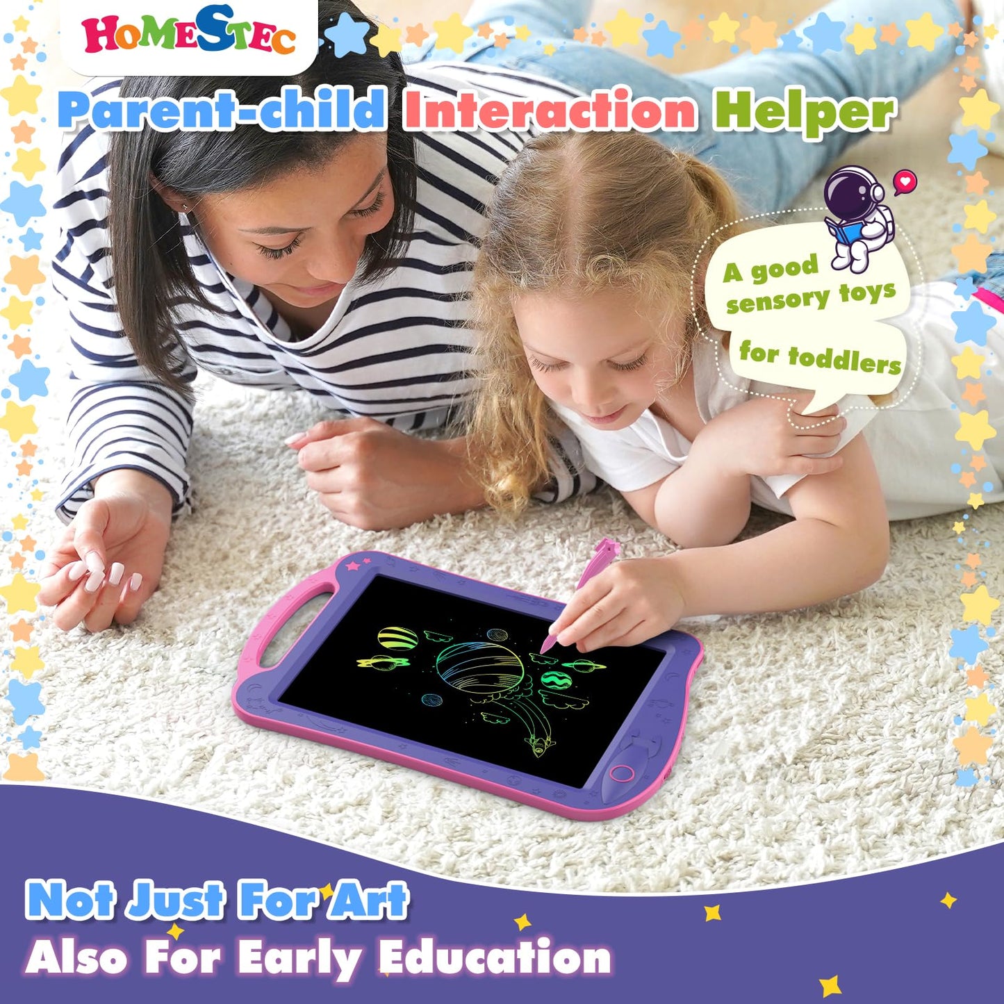 HOMESTEC Astrodraw Drawing Pad – Space-Themed LCD Doodle Board for Kids 3-7 (Purple/Pink)