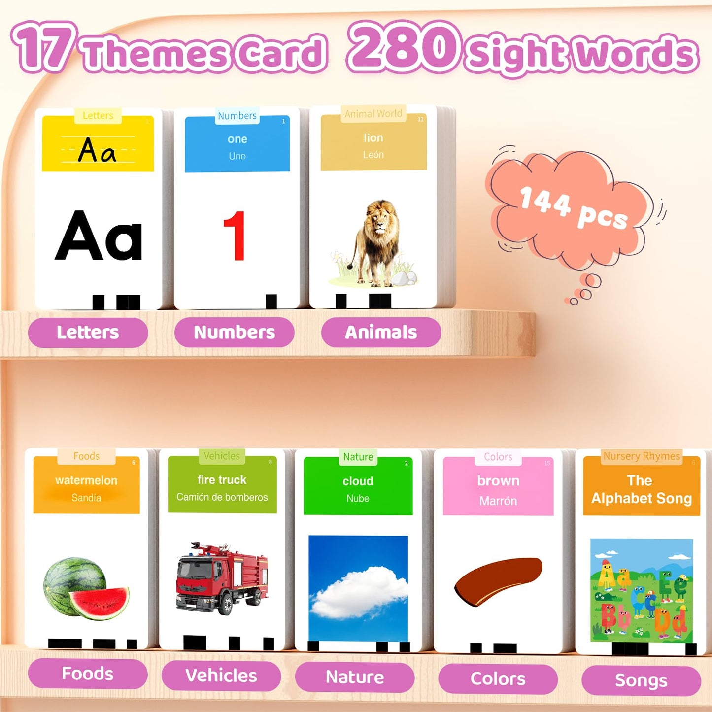 HOMESTEC Toddlers Bilingual Flash Cards – 288 English & Spanish Sight Words | Early Literacy Toy for 3-6