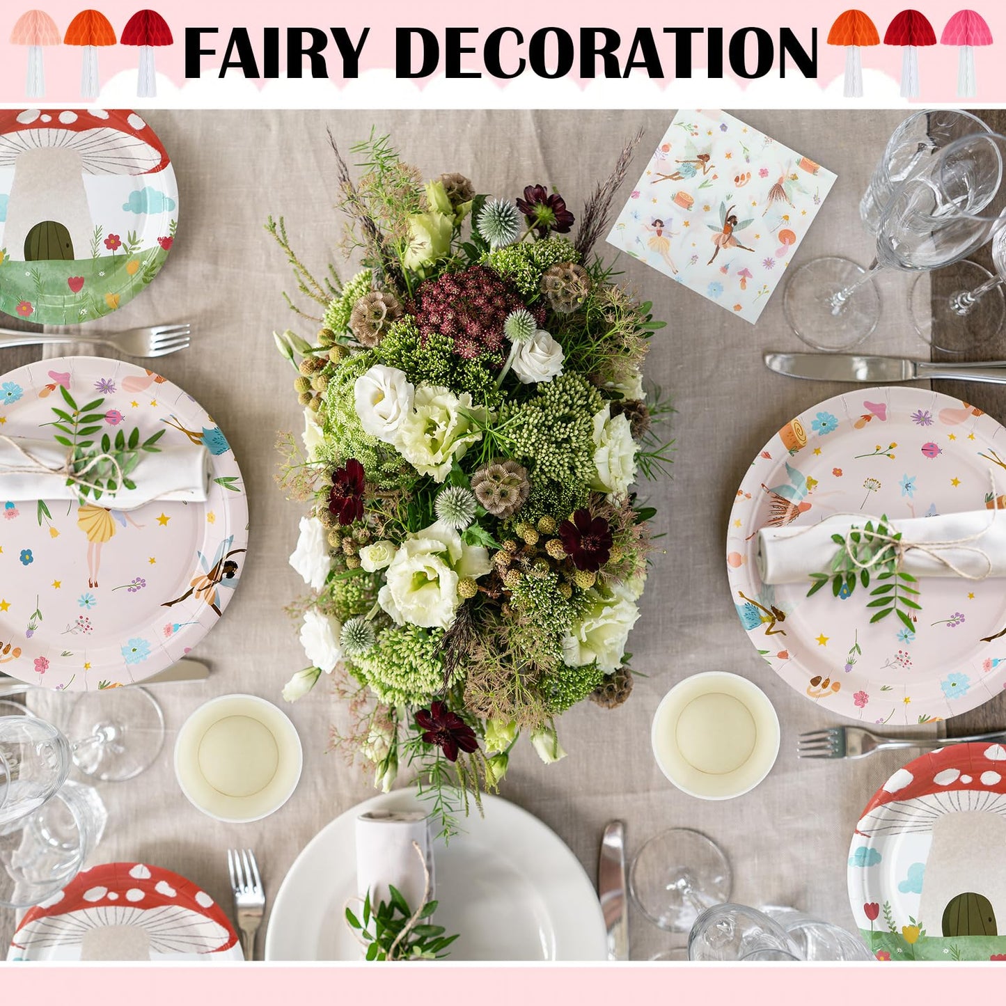 Honeydak 132 Pcs Fairy Party Supplies – Ballet Fairies, Mushrooms & Floral Decor Bundle