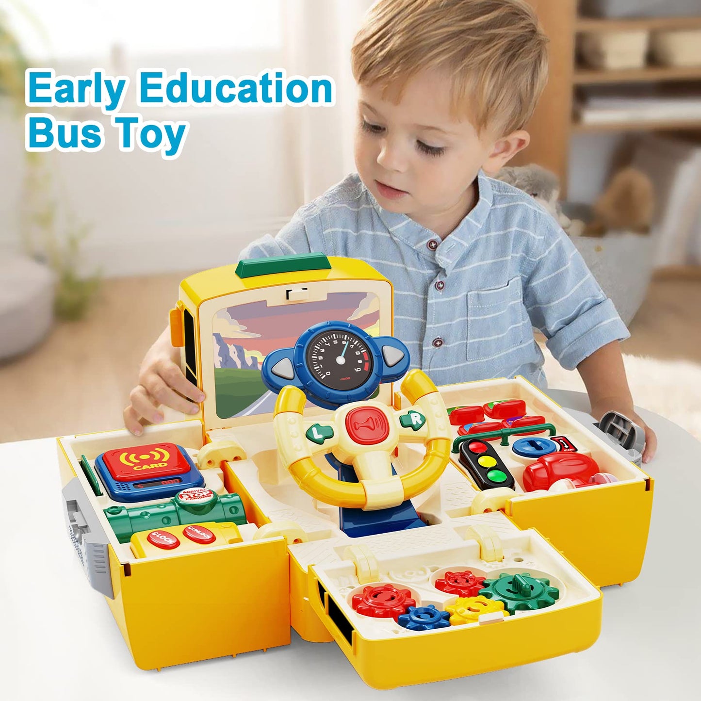 HONGTUO School Bus Toy with Sound and Light | Realistic Steering Wheel & Music Education for Toddlers