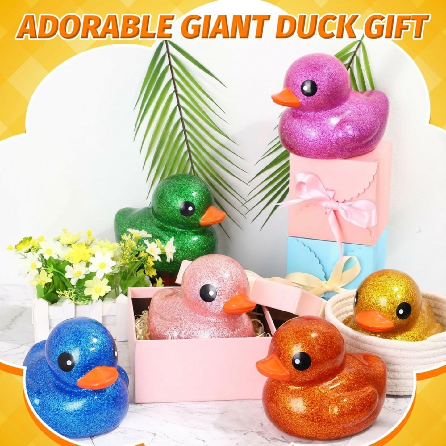 Honoson 6 Pieces Giant Glitter Rubber Ducks – 6.89 Inch Jumbo Bath Toys with Squeaky Sound
