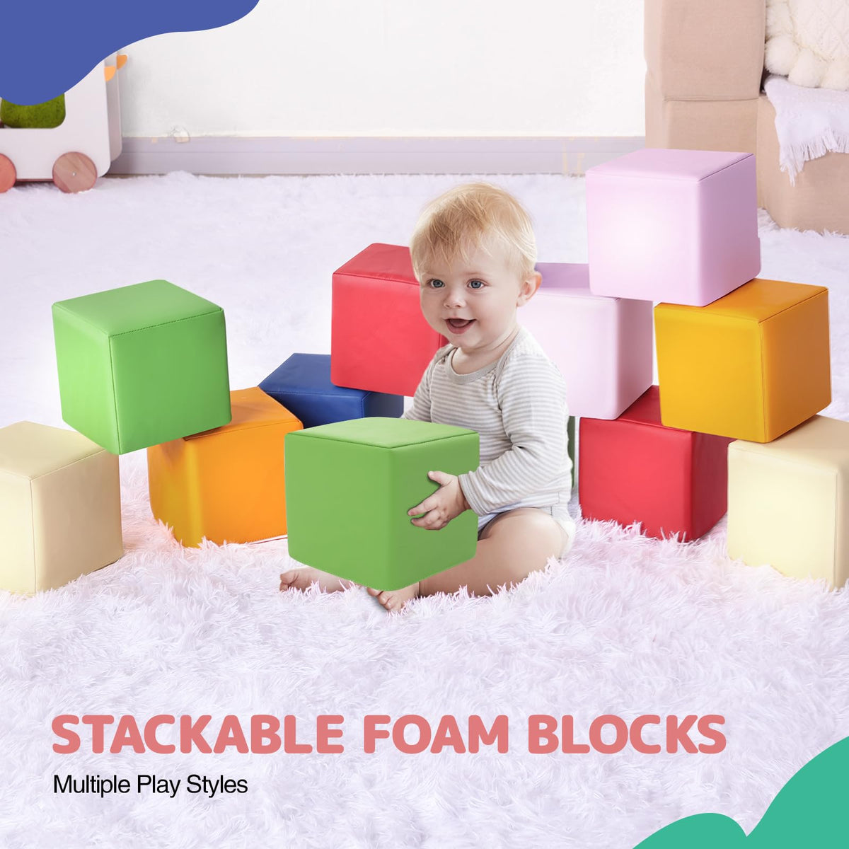 Hoohtoot Foam Building Blocks – 12-Piece PU Leather Colorful Giant Blocks for Toddlers
