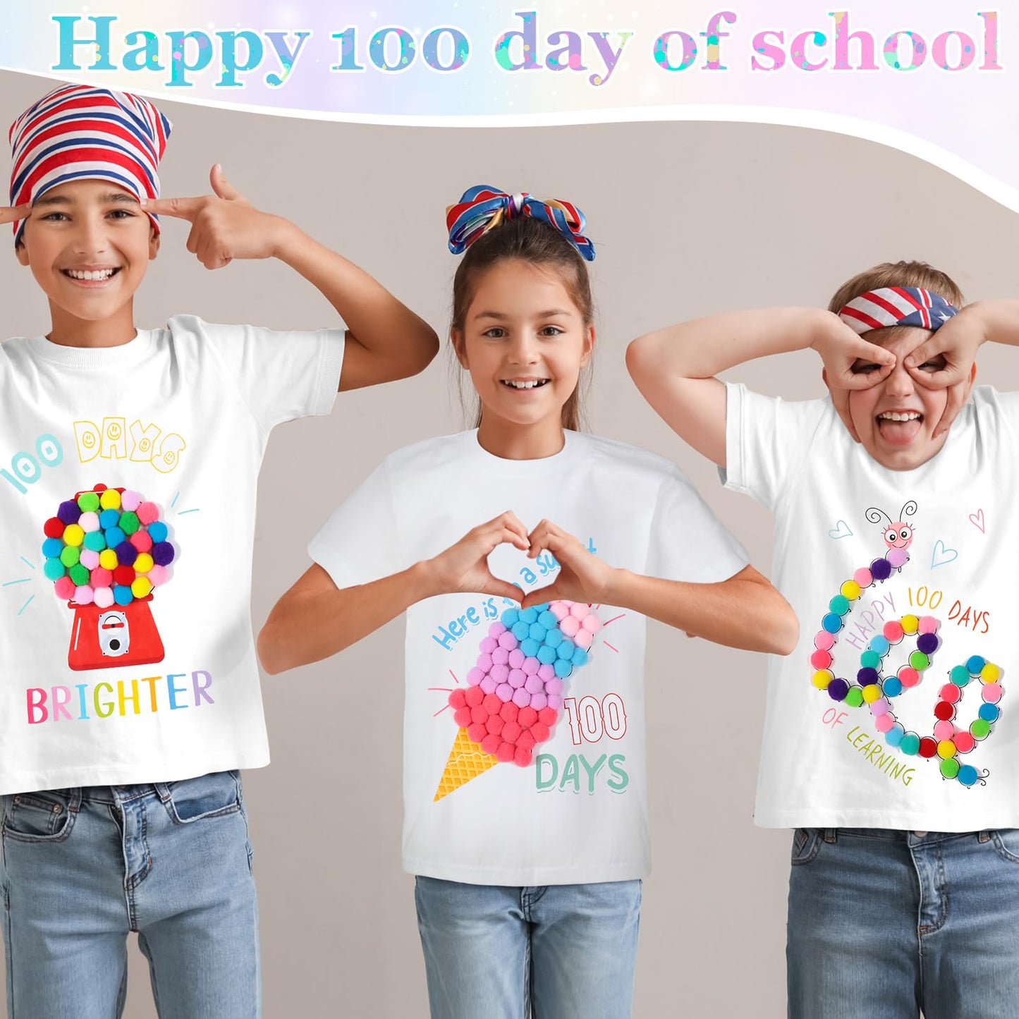 Hoolerry 3-Pack 100th Day DIY Shirt Kit – Gumball Machine, Pom Poms & Dot Stickers for Kids