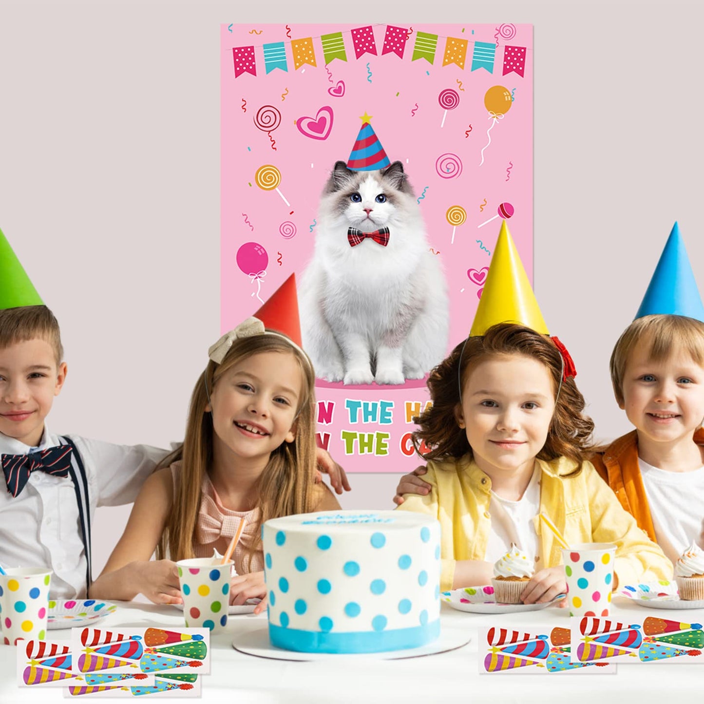 Hooqict Pin The Hat On The Cat Party Game – Large Poster & 54 Hat Stickers