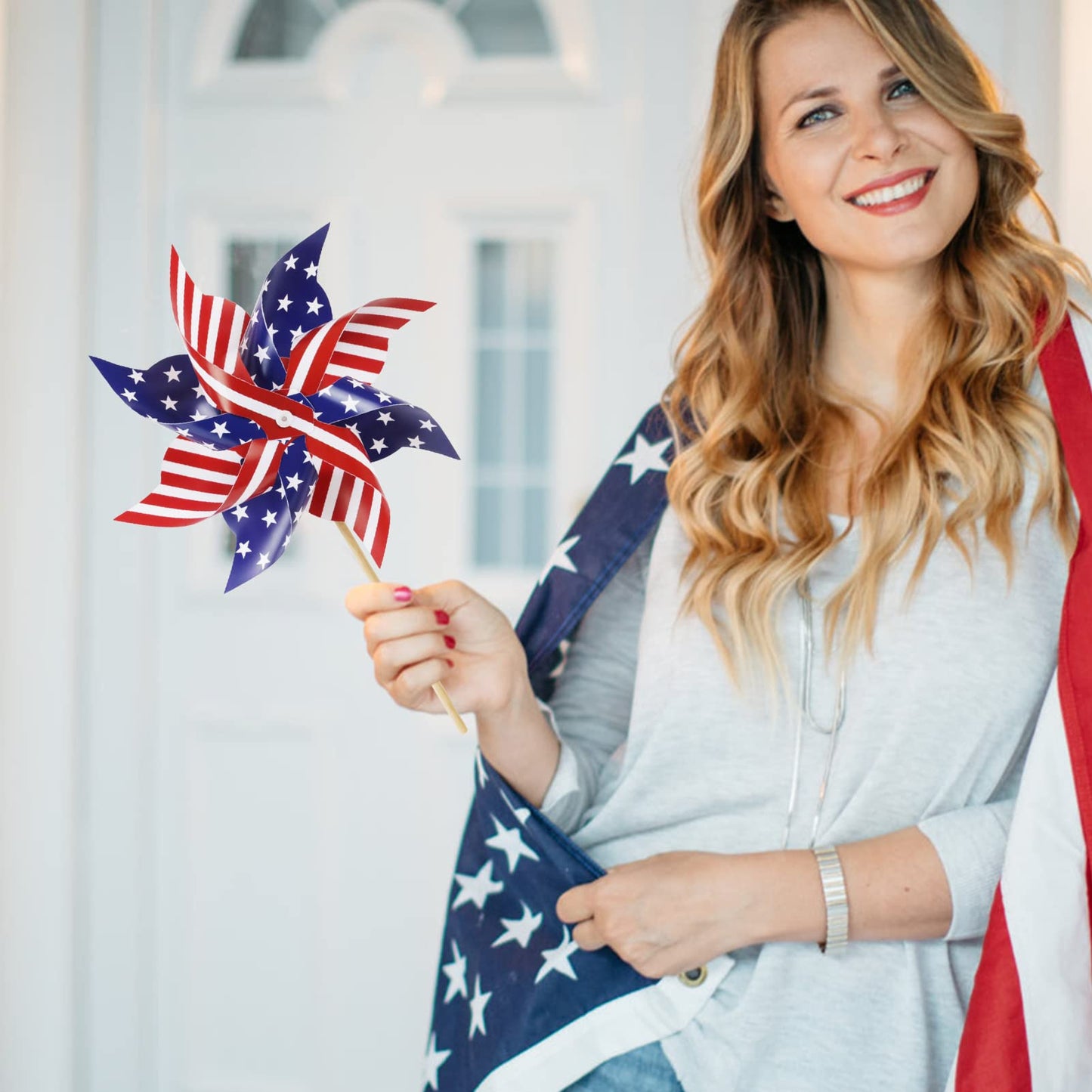 HOOSUN 12Pcs American Flag Pinwheels – Patriotic Yard Decor & Outdoor Wind Spinners