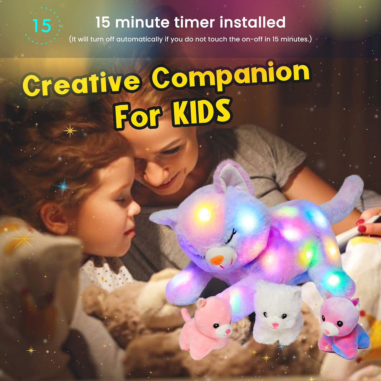 Hopearl LED Plush Cat Playset – Glow-in-the-Dark Mommy Cat with 3 Kittens, Rainbow Plush, 18"
