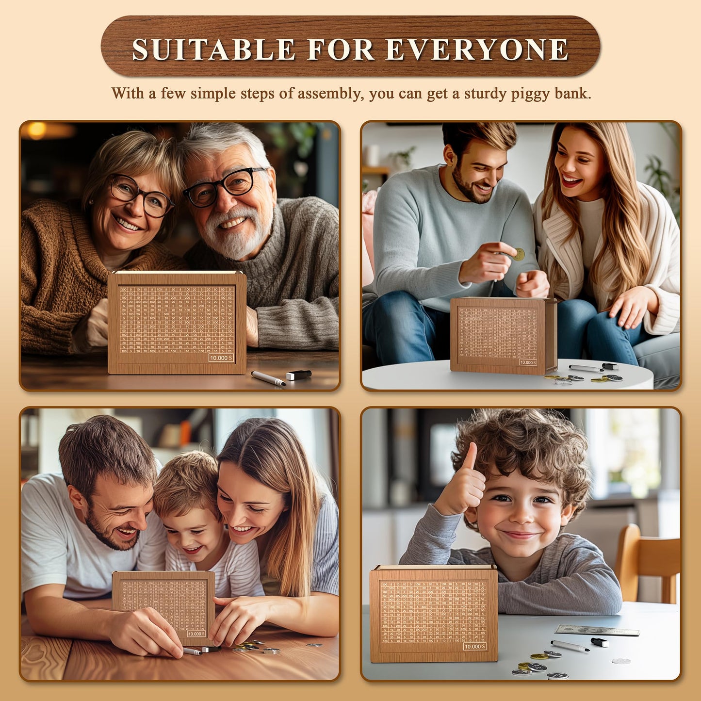 Hopefire 10000 Savings Challenge Box – Wooden Cash Vault with Erasable Pen