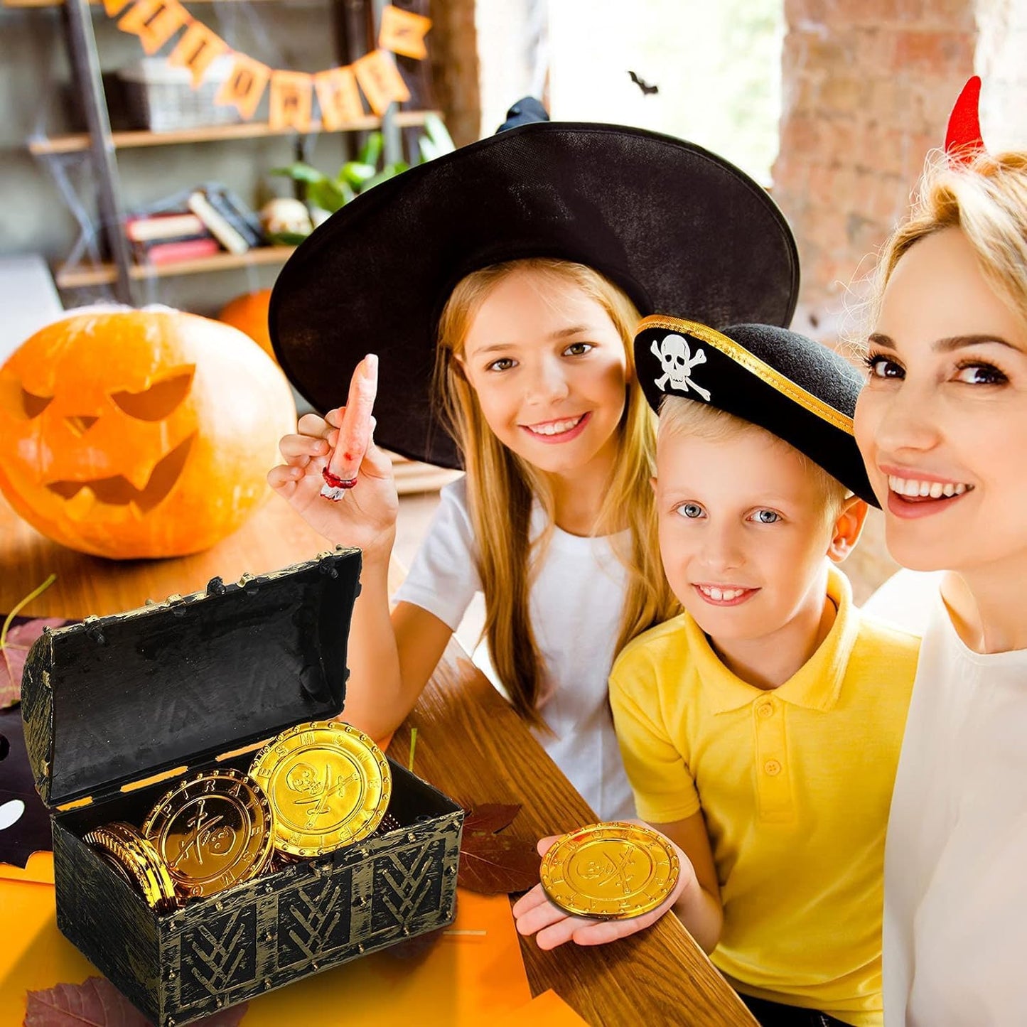 HOPELJ Kids Mini Pirate Treasure Chest Toy Kit – Treasure Box with 12 Coins, 24 Gems, Ring